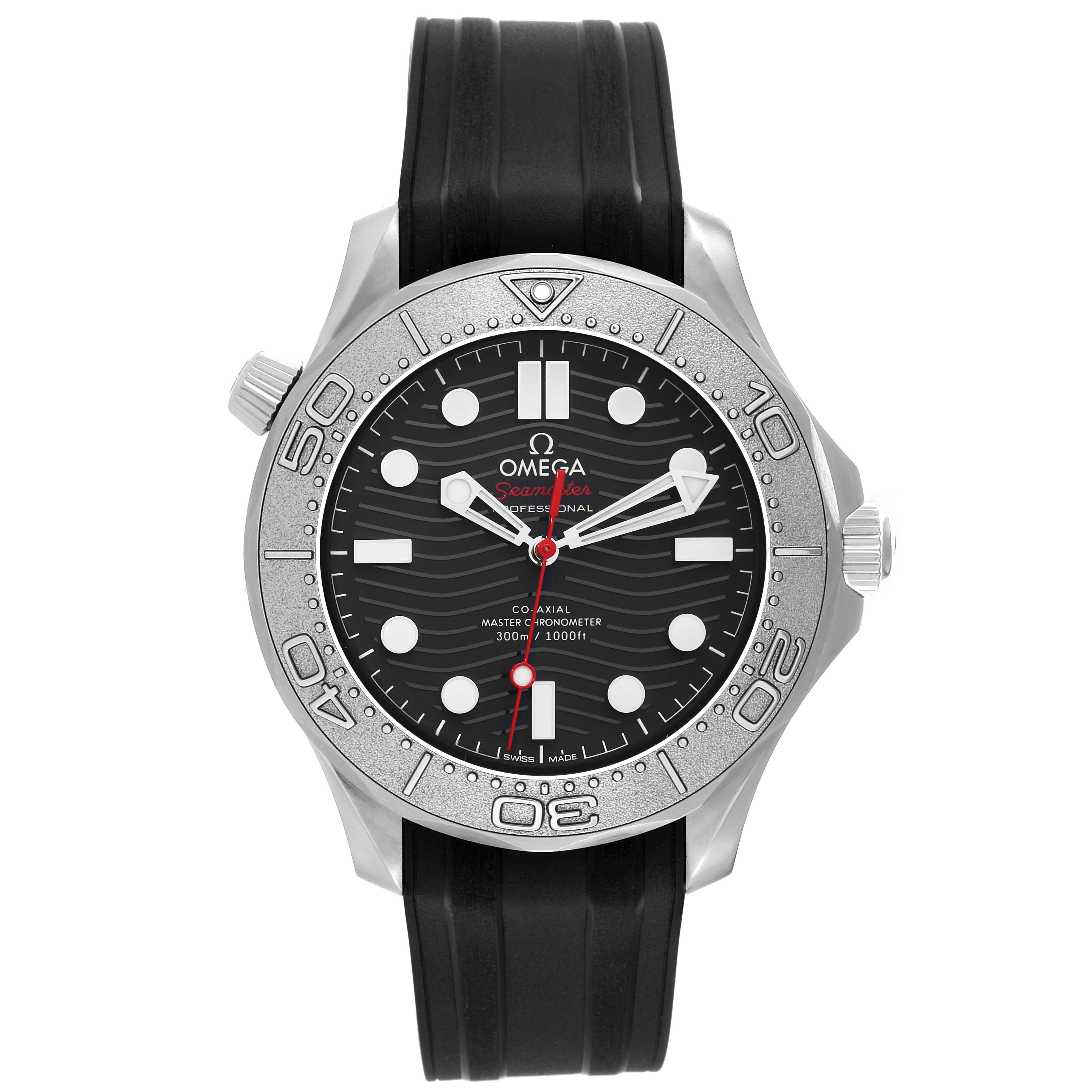 The image shows a front view of the Omega Seamaster 210.32.42.20.01.002 Men
s Stainless Steel Black Dial 210.32.42.20.01.002 Men
s Stainless Steel Black Dial watch, highlighting the face, bezel, and black rubber strap.