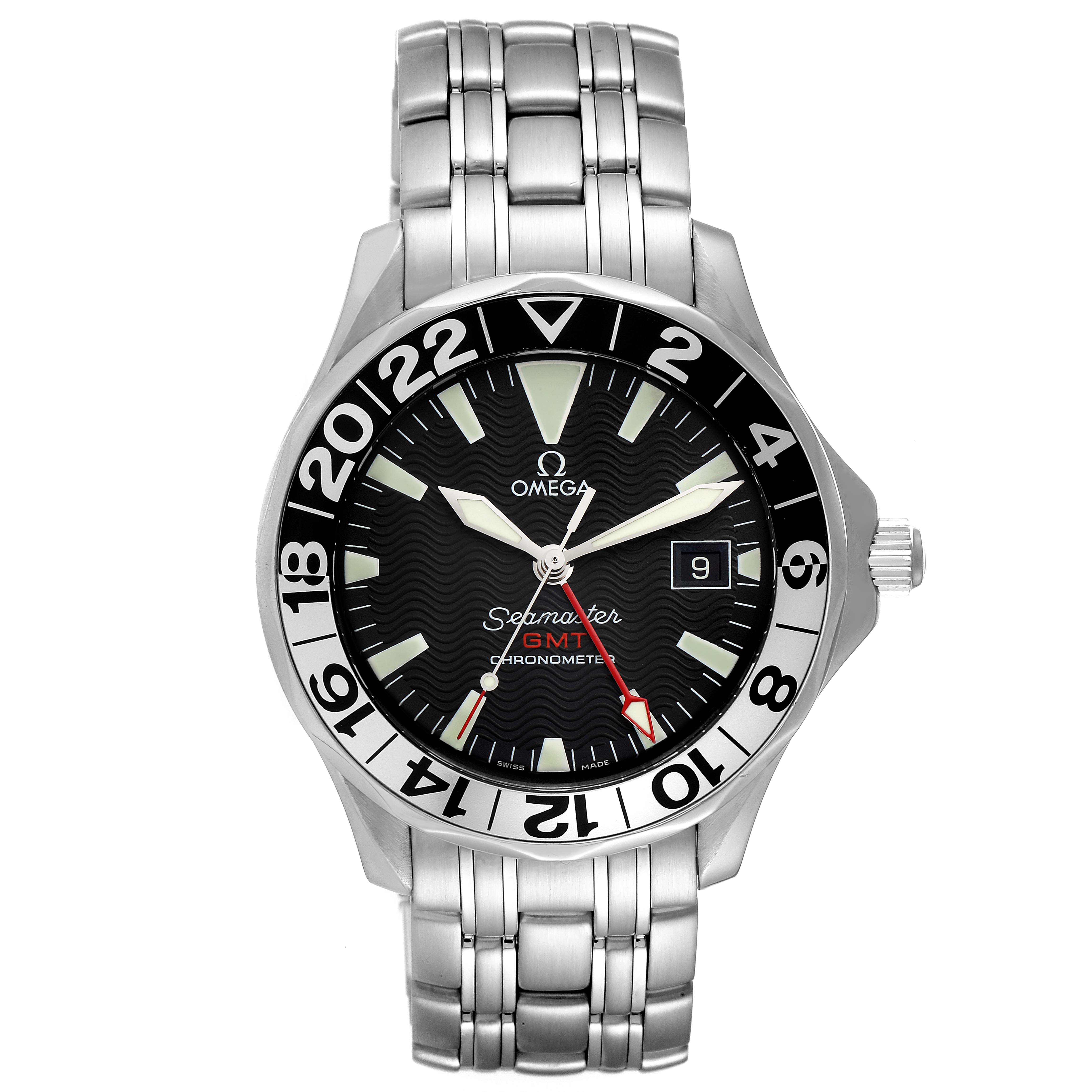 This Omega Seamaster 2534.50.00 Men's Stainless Steel Black Dial 2534.50.00 Men's Stainless Steel Black Dial watch is shown from a front angle, displaying the face, bezel, and part of the bracelet.