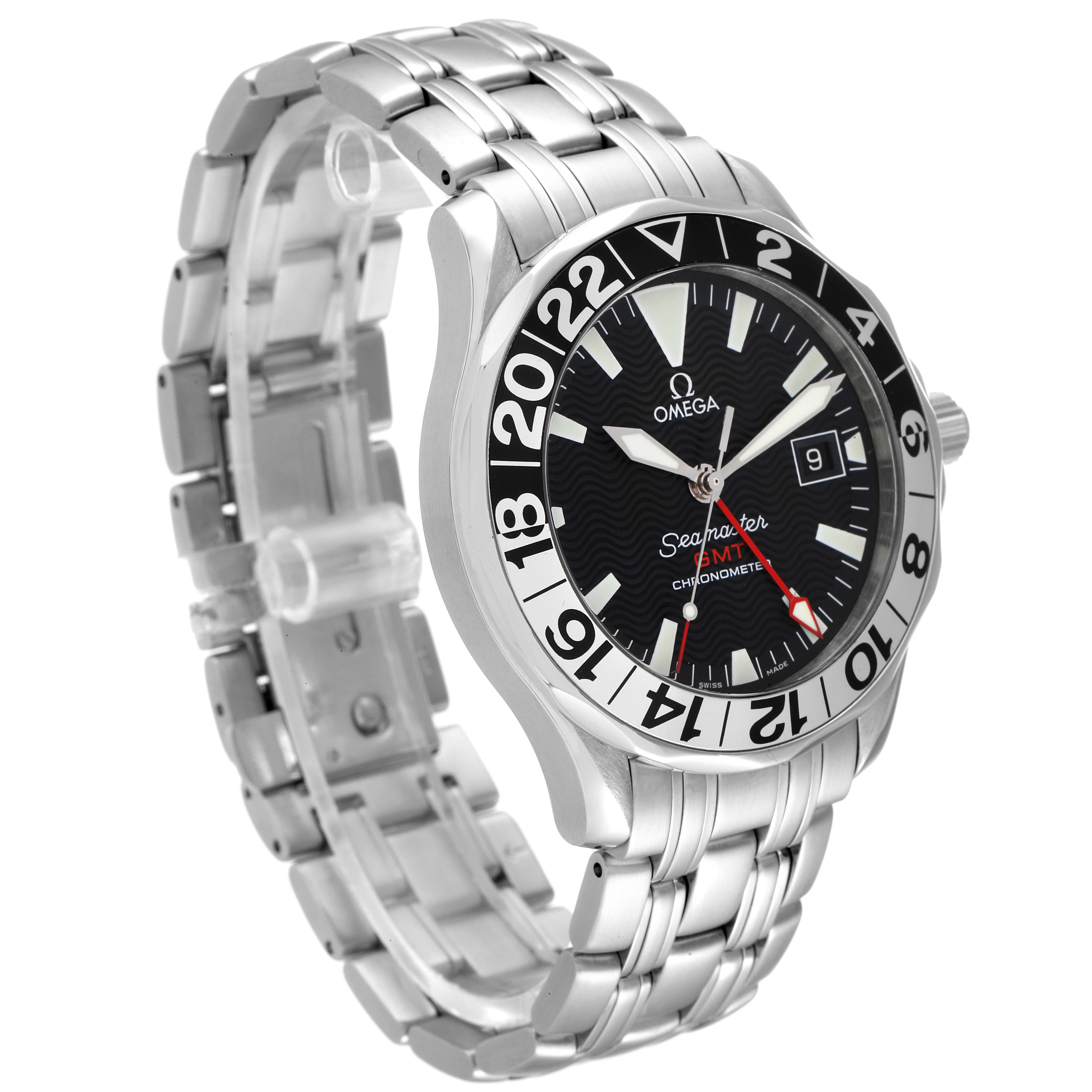 The image shows the front and side view of an Omega Seamaster 2534.50.00 Men's Stainless Steel Black Dial 2534.50.00 Men's Stainless Steel Black Dial watch, highlighting the dial, bezel, and stainless steel bracelet.