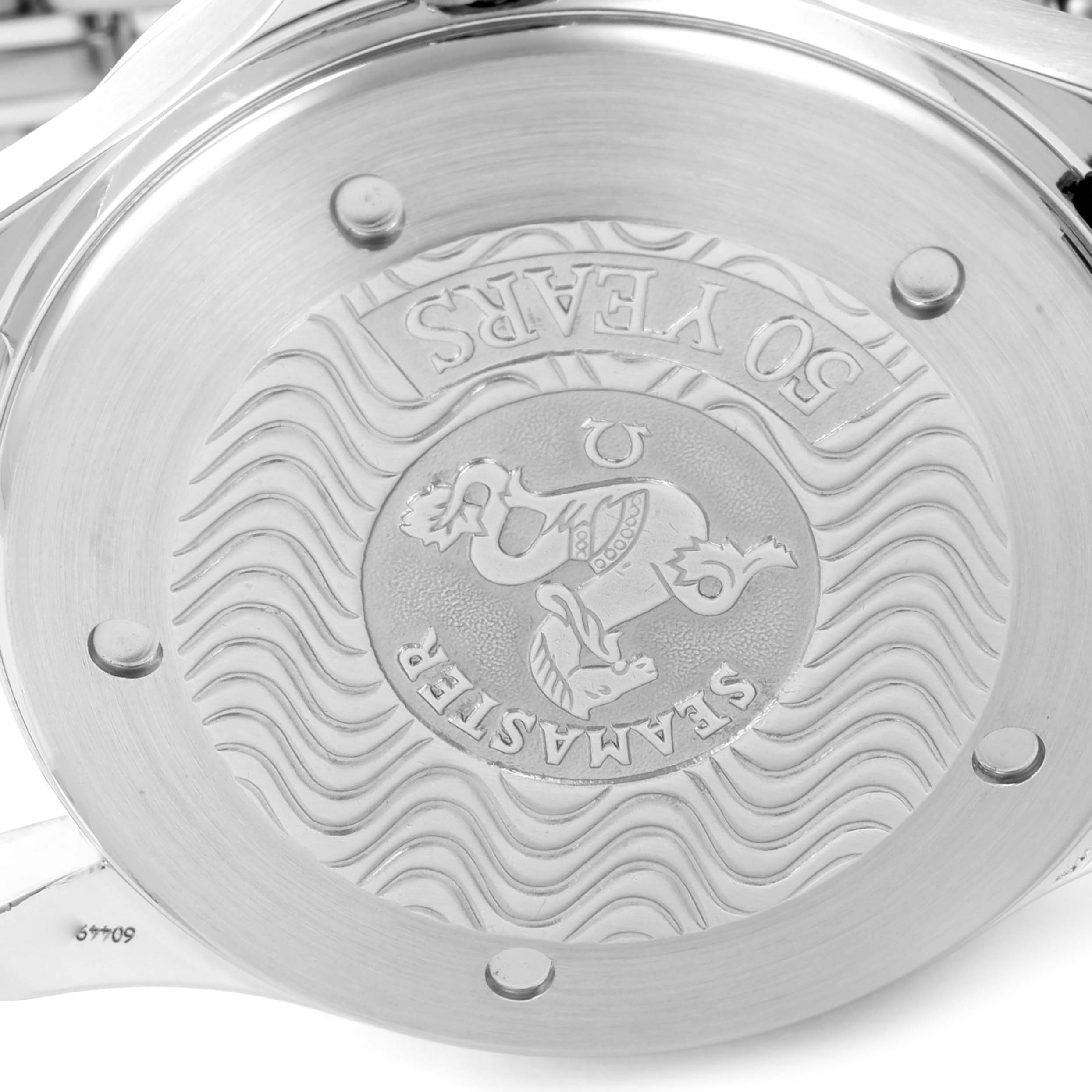 The image shows the case back of an Omega Seamaster 2534.50.00 Men's Stainless Steel Black Dial 2534.50.00 Men's Stainless Steel Black Dial watch, featuring the brand's logo and "50 Years" engraving.