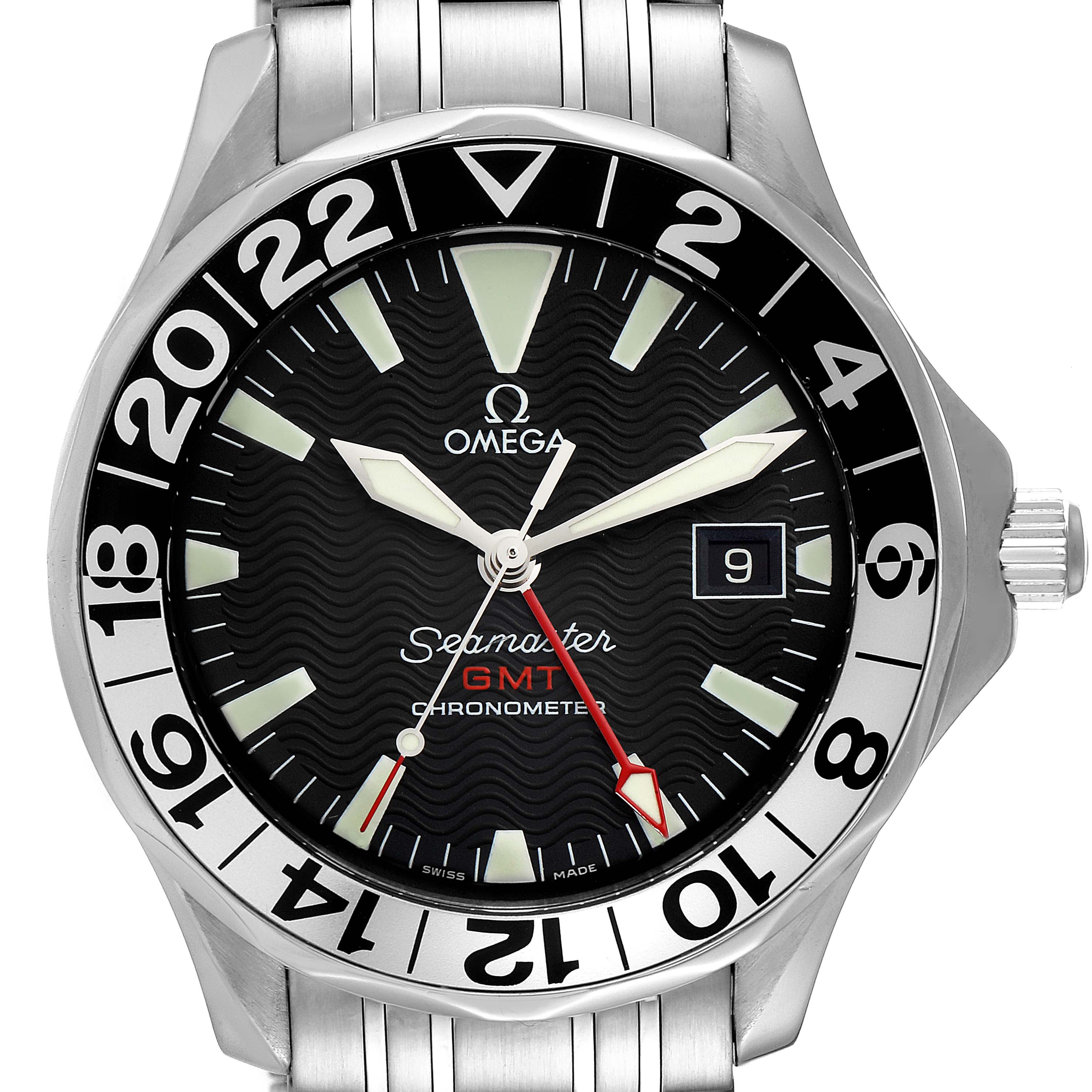 The image shows a front view of the Omega Seamaster 2534.50.00 Men's Stainless Steel Black Dial 2534.50.00 Men's Stainless Steel Black Dial GMT watch, highlighting the dial, hands, bezel, and part of the bracelet.