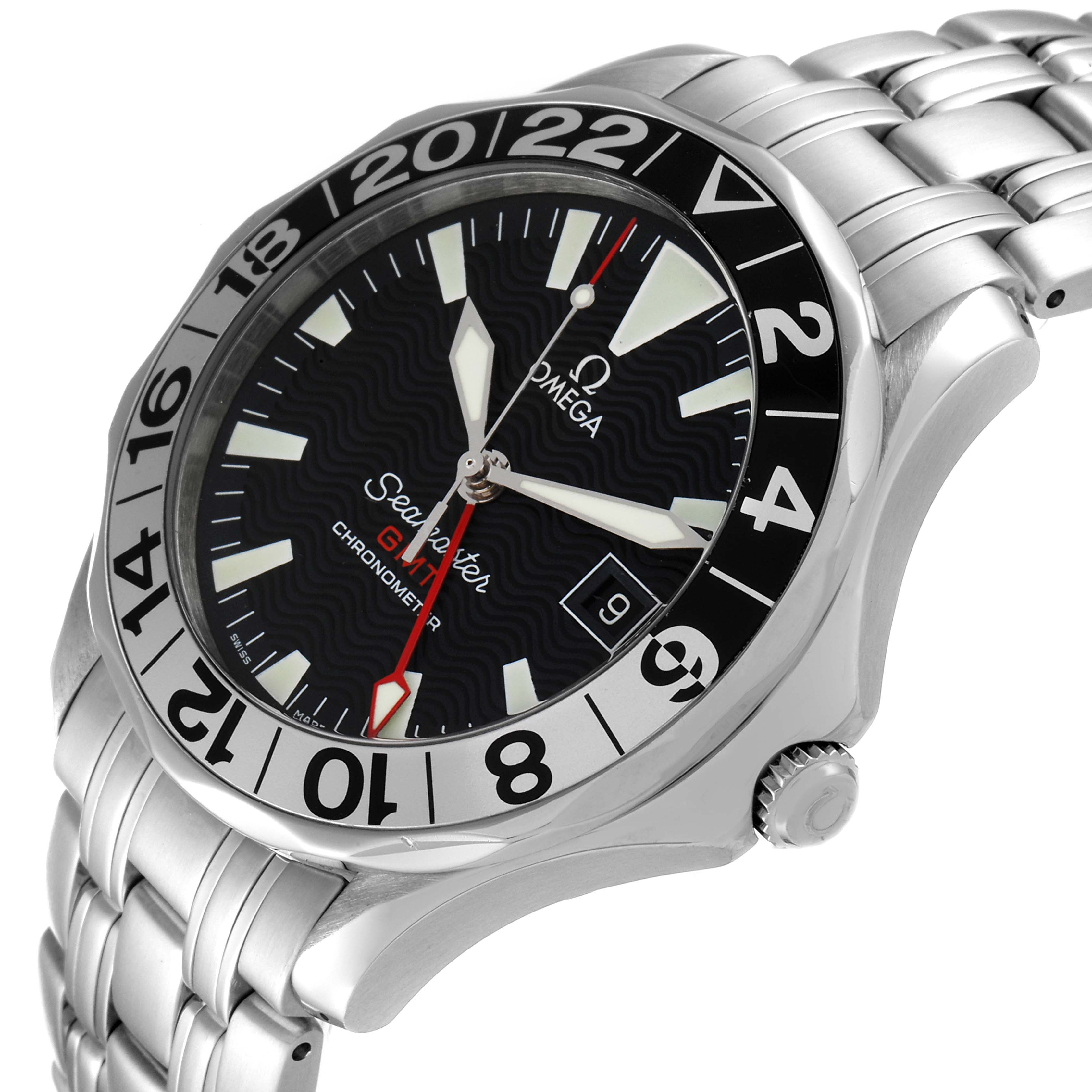 The image shows an angled view of an Omega Seamaster 2534.50.00 Men's Stainless Steel Black Dial 2534.50.00 Men's Stainless Steel Black Dial watch displaying the dial, bezel, crown, and bracelet.