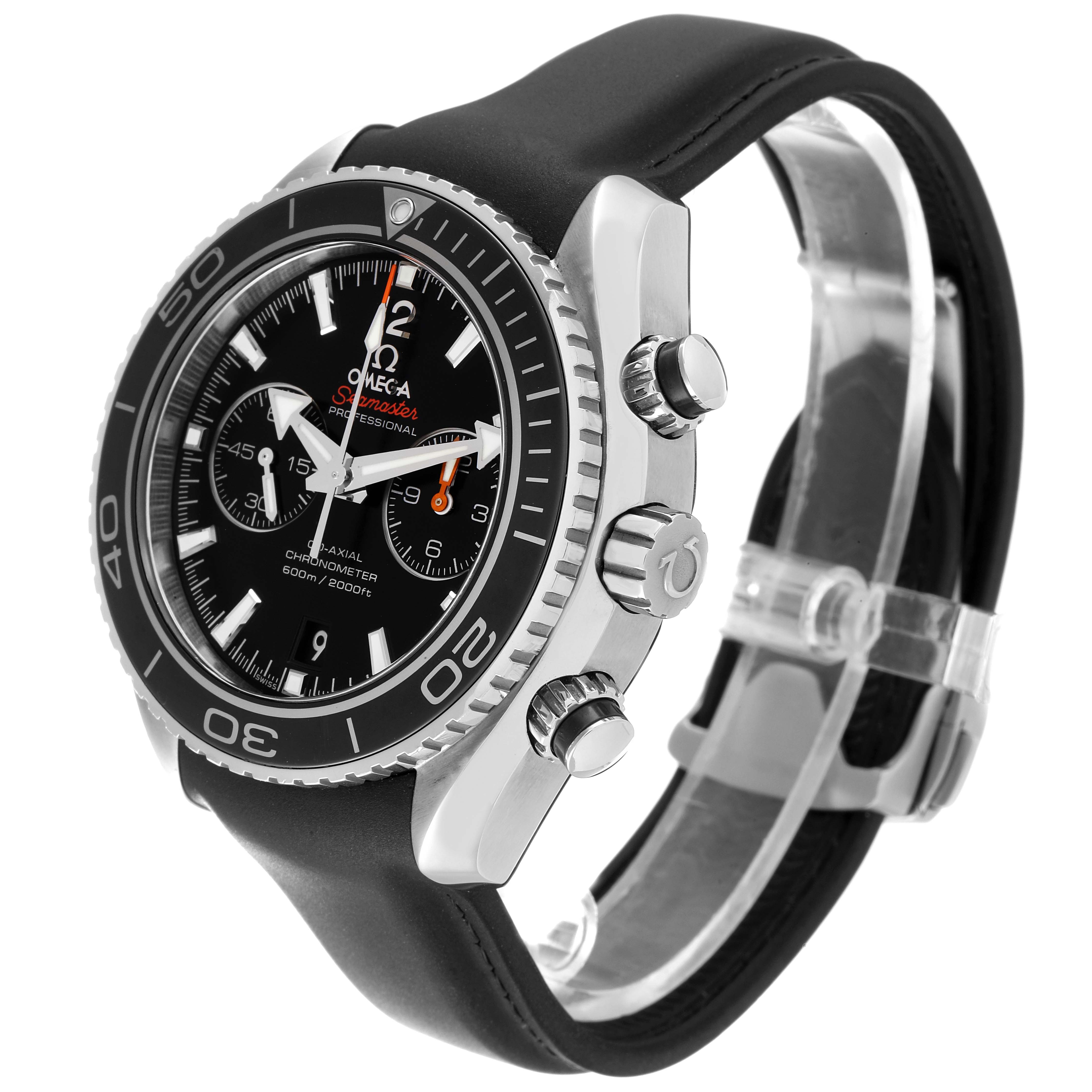 The Omega Planet Ocean 232.32.46.51.01.003 Men
s Stainless Steel Black Dial 232.32.46.51.01.003 Men
s Stainless Steel Black Dial watch is shown at a three-quarter angle, highlighting its black dial, bezel, and chronograph pushers.