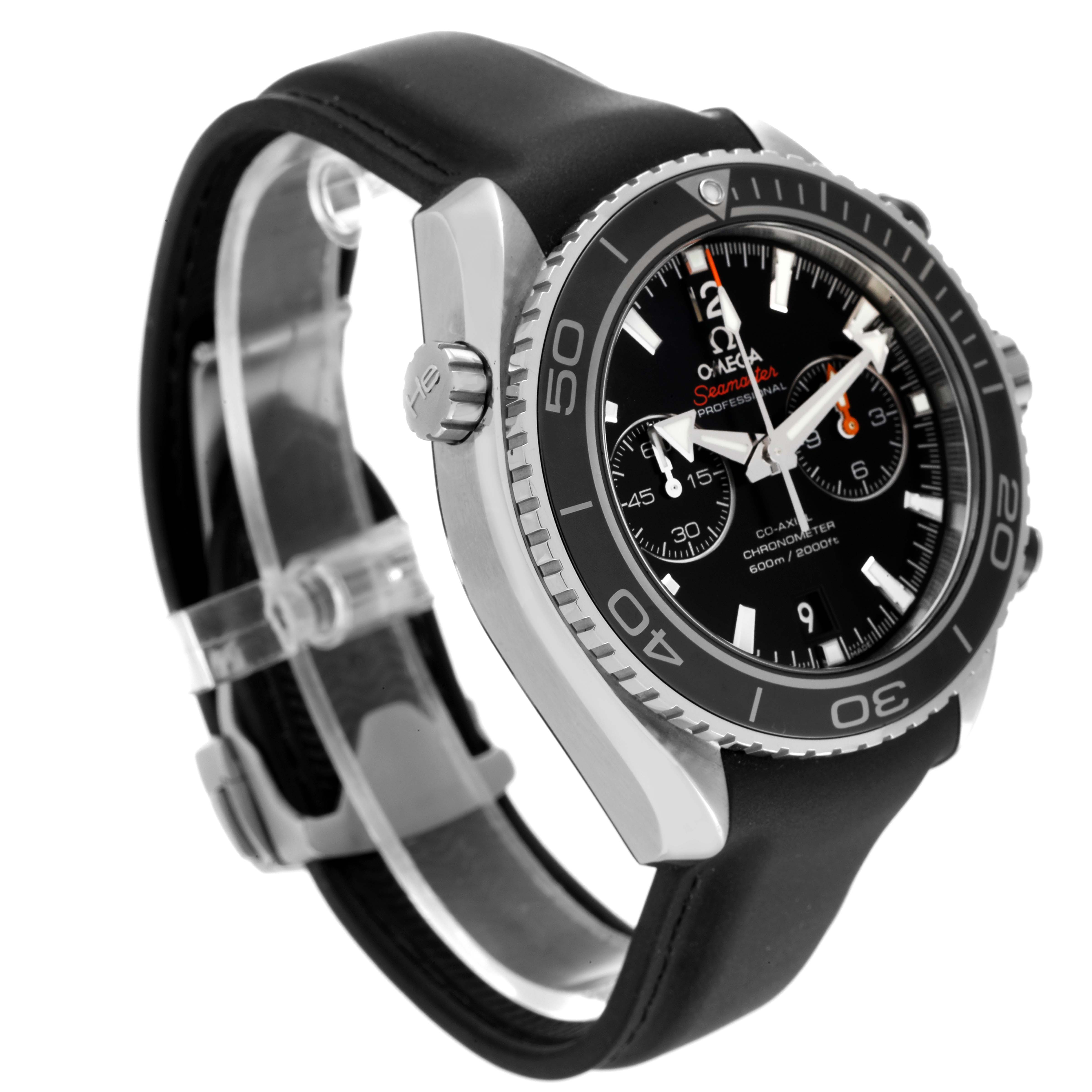 This image shows an Omega Planet Ocean 232.32.46.51.01.003 Men
s Stainless Steel Black Dial 232.32.46.51.01.003 Men
s Stainless Steel Black Dial watch at a three-quarter angle, highlighting its bezel, dial, and strap.