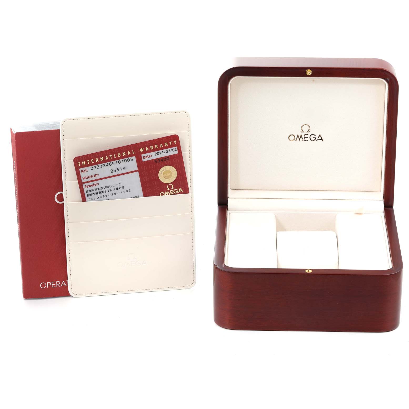 The image shows the packaging, international warranty card, and the open box of the Omega Planet Ocean 232.32.46.51.01.003 Men
s Stainless Steel Black Dial 232.32.46.51.01.003 Men
s Stainless Steel Black Dial watch.