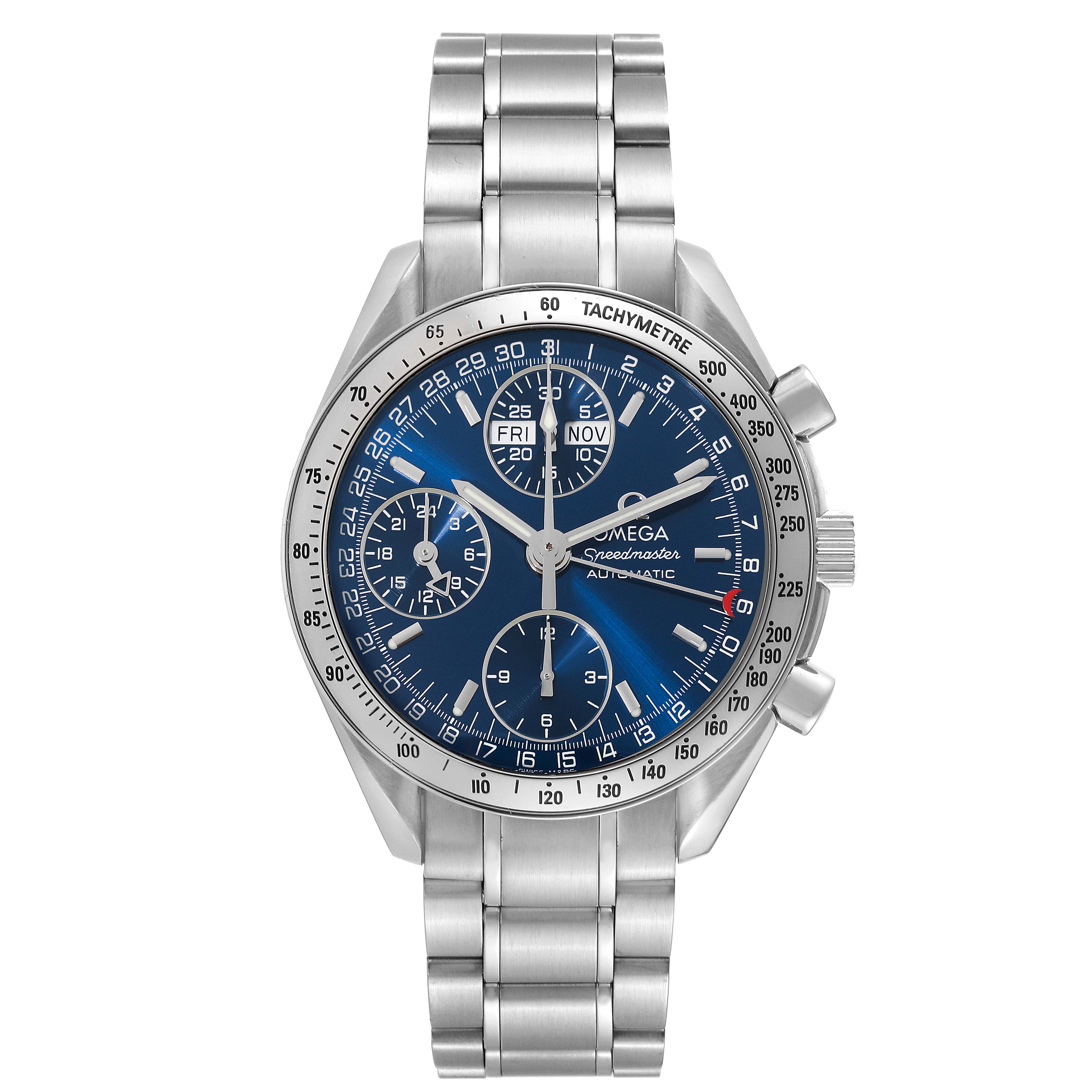 The image shows the front view of an Omega Speedmaster 3523.80.00 Men
s Stainless Steel Blue Dial 3523.80.00 Men
s Stainless Steel Blue Dial watch, displaying the dial, tachymeter bezel, and metal bracelet.