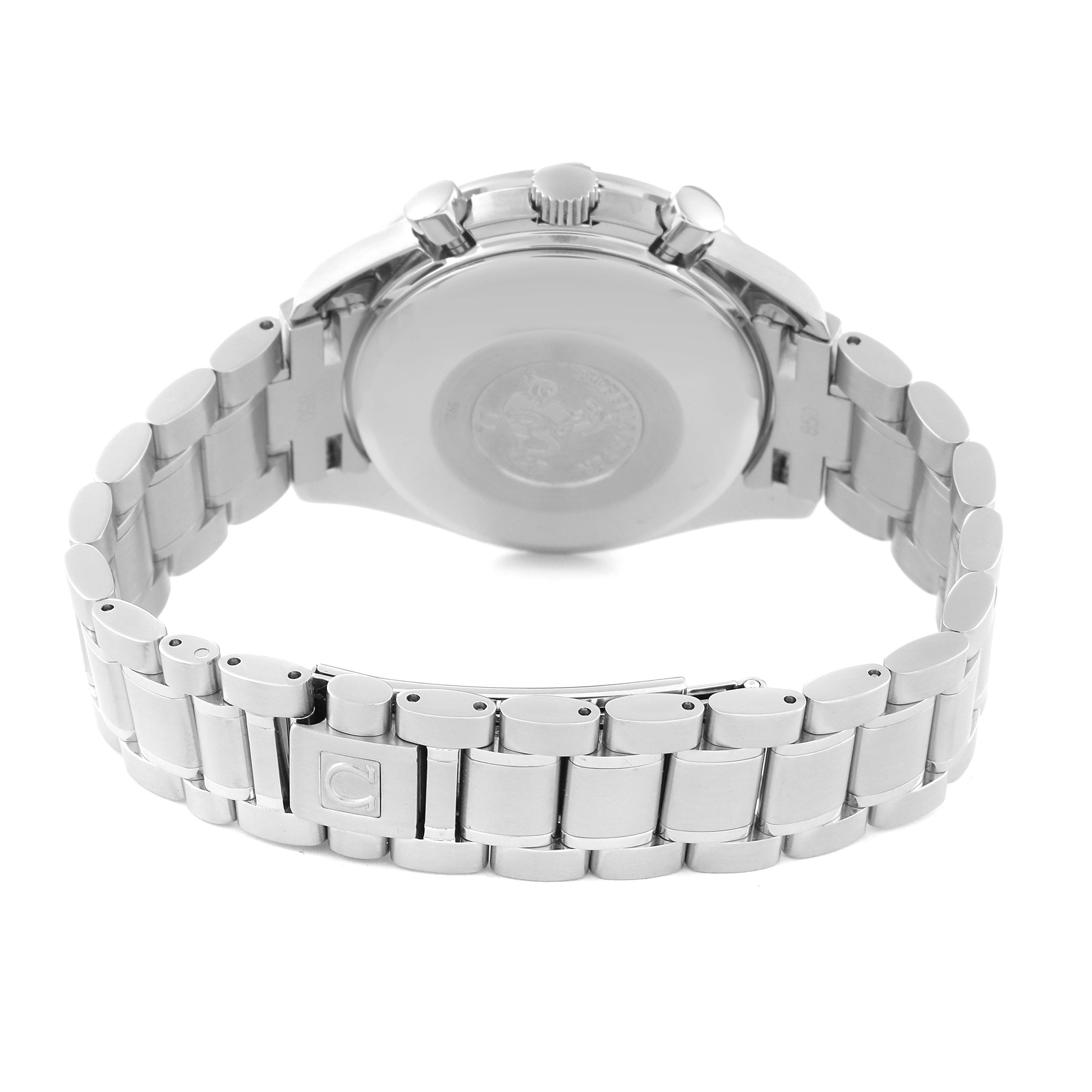 The image shows the backside and bracelet of an Omega Speedmaster 3523.80.00 Men
s Stainless Steel Blue Dial 3523.80.00 Men
s Stainless Steel Blue Dial watch at a rear angle.