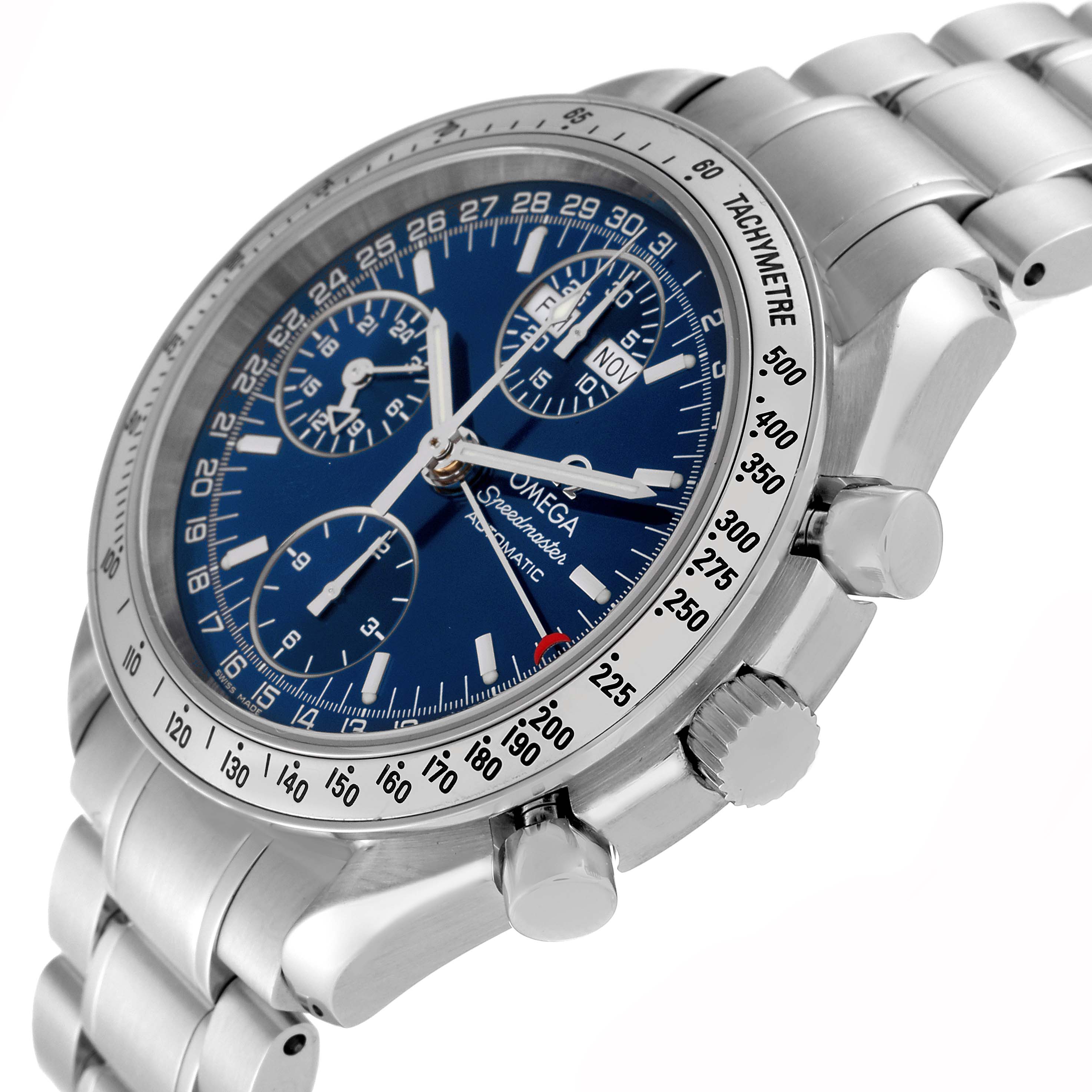 The Omega Speedmaster 3523.80.00 Men
s Stainless Steel Blue Dial 3523.80.00 Men
s Stainless Steel Blue Dial watch is shown at an oblique angle, highlighting the dial, bezel, three subdials, and side crown.