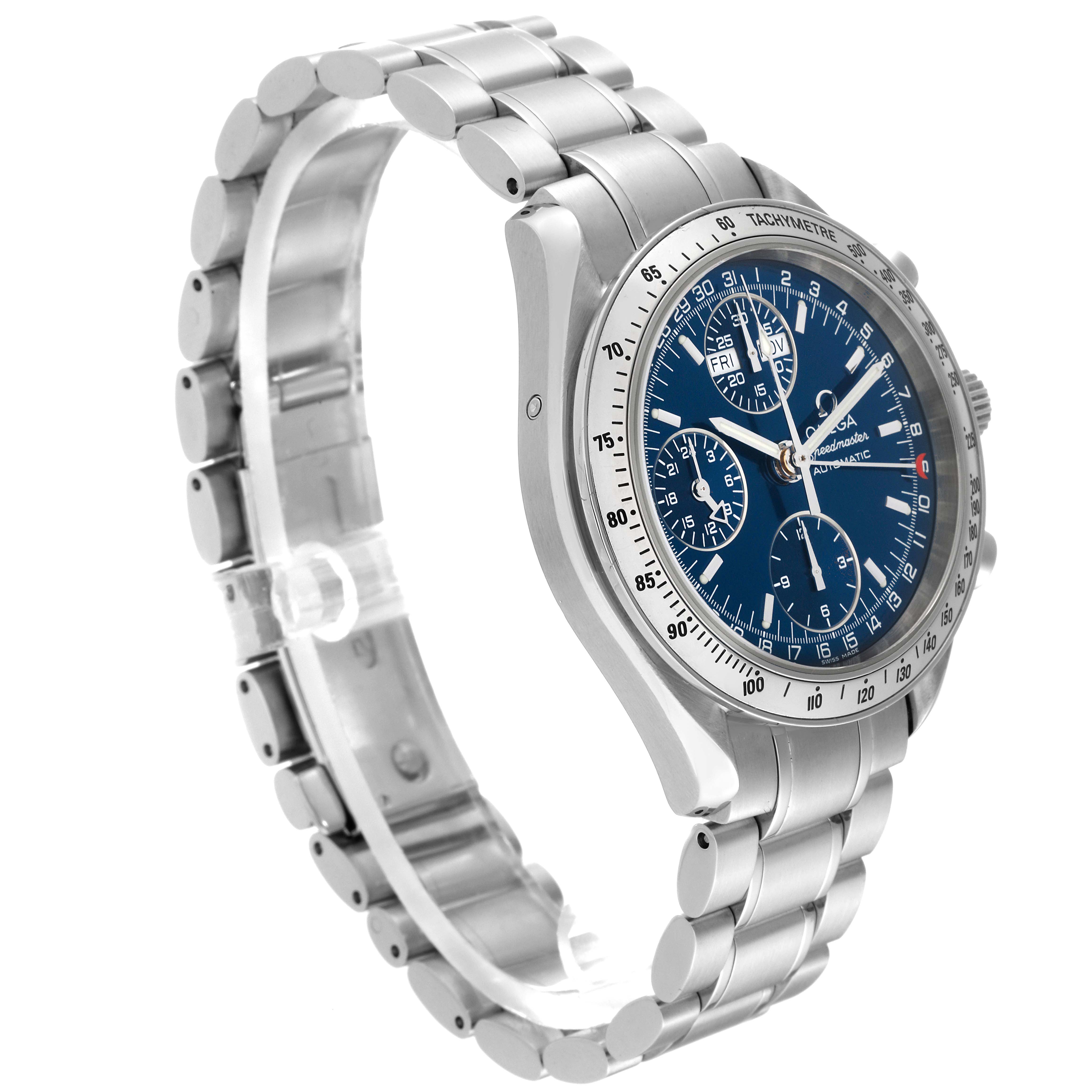 The Omega Speedmaster 3523.80.00 Men
s Stainless Steel Blue Dial 3523.80.00 Men
s Stainless Steel Blue Dial is shown from a side angle, displaying its silver bracelet, blue dial, and chronograph features.