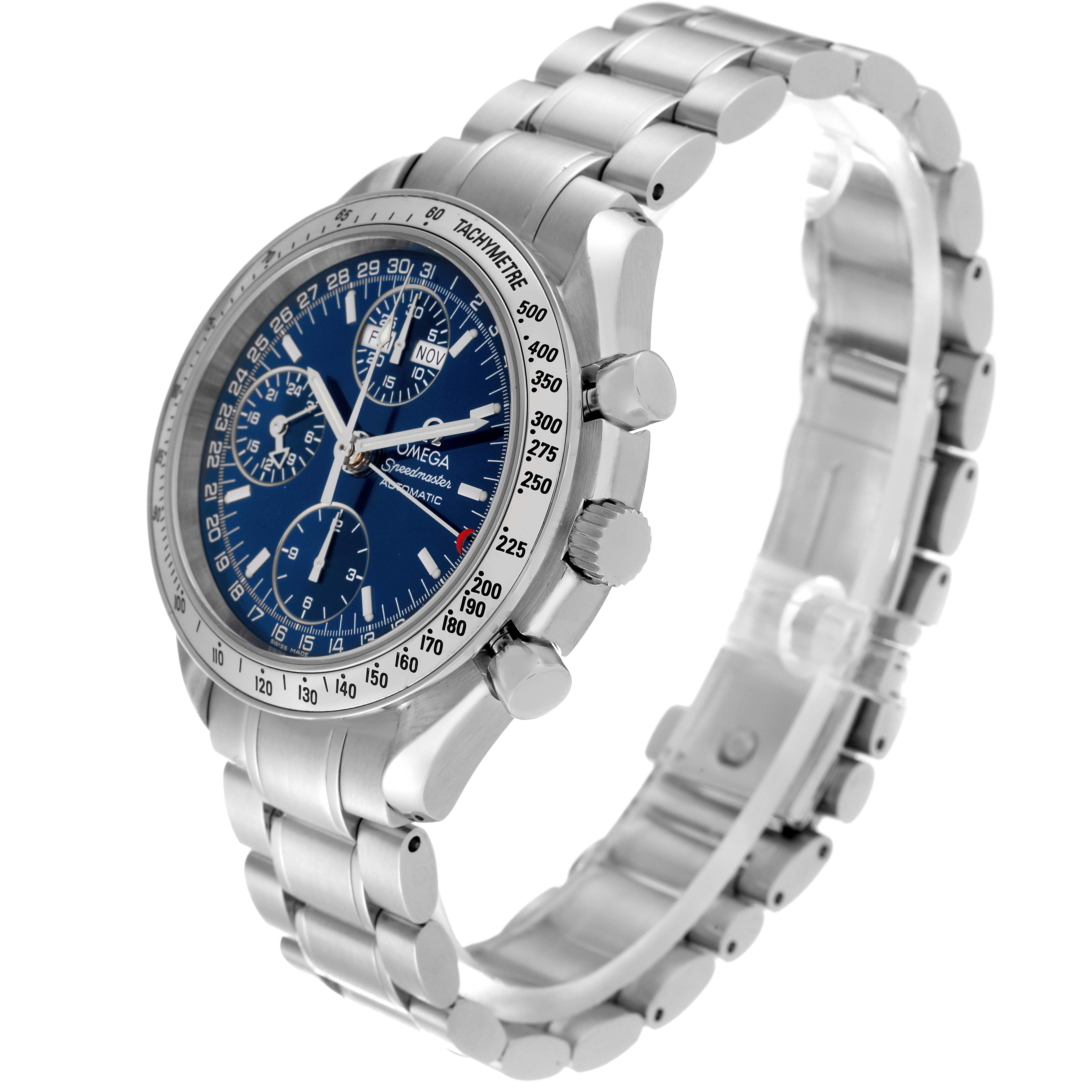 This image shows an Omega Speedmaster 3523.80.00 Men
s Stainless Steel Blue Dial 3523.80.00 Men
s Stainless Steel Blue Dial watch at a three-quarter angle, highlighting the face, bezel, and metal bracelet.