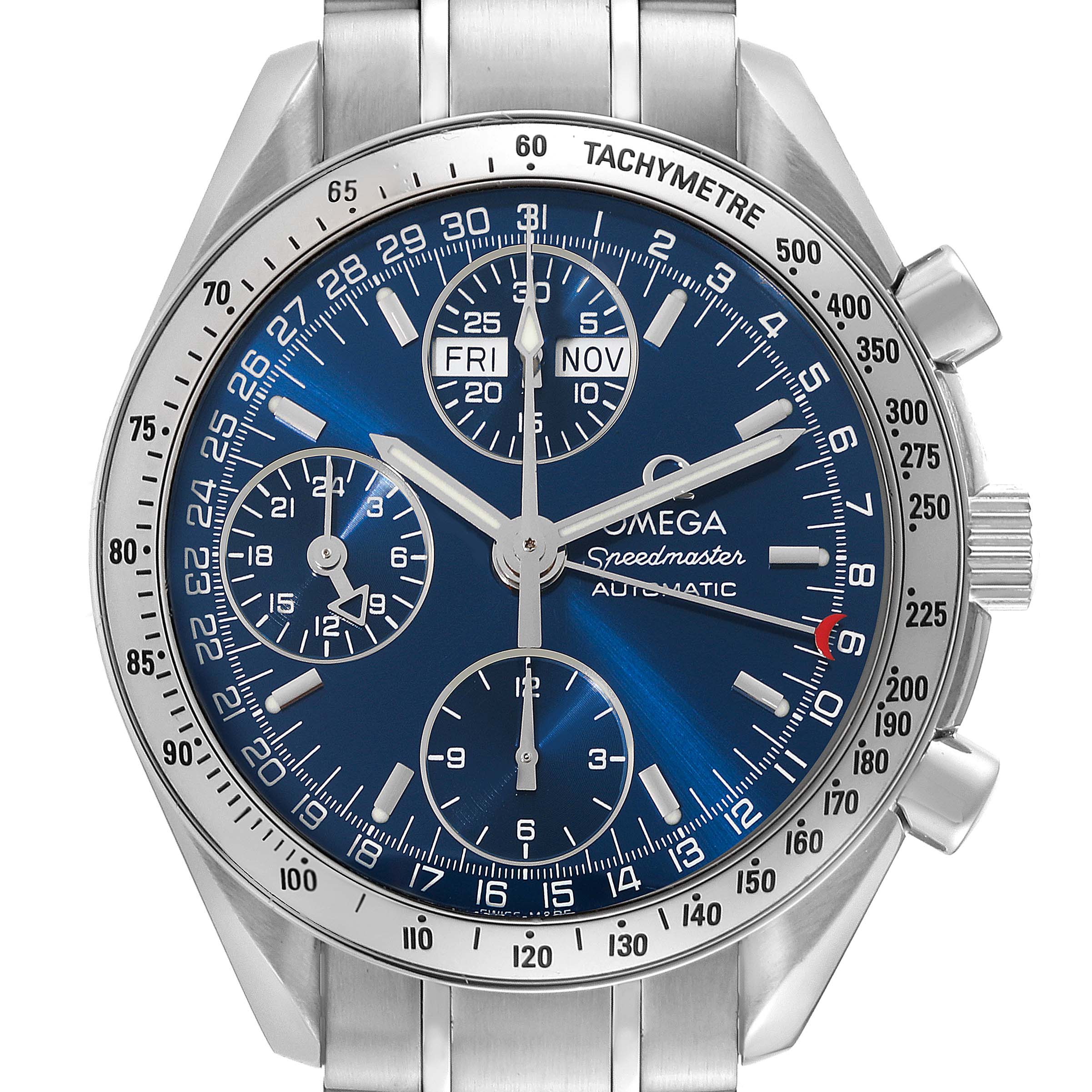 The image shows a frontal view of an Omega Speedmaster 3523.80.00 Men
s Stainless Steel Blue Dial 3523.80.00 Men
s Stainless Steel Blue Dial watch displaying its dial, tachymeter, subdials, and crown.