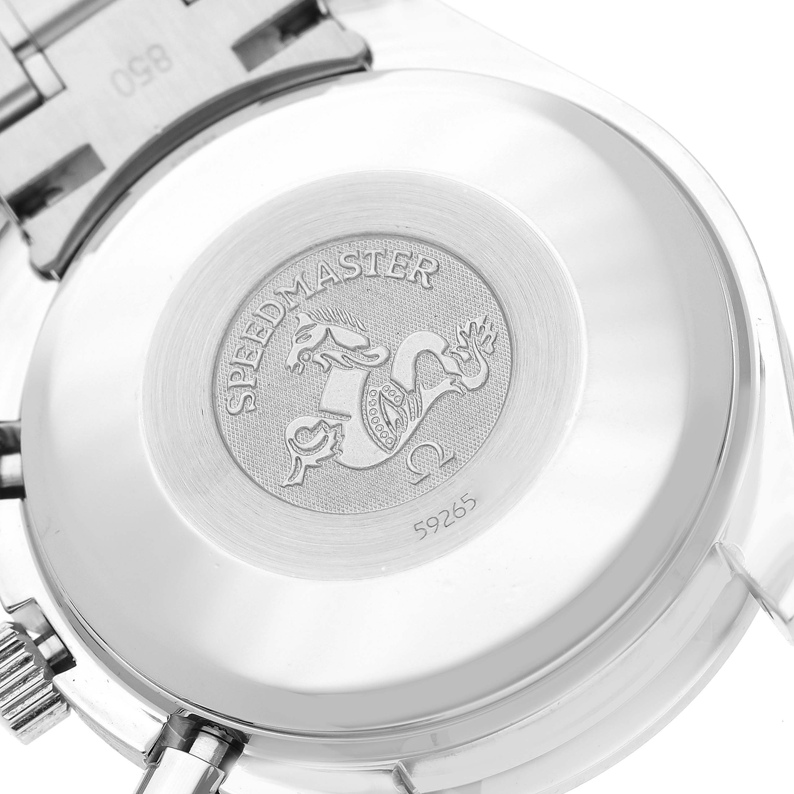 The image shows the case back of an Omega Speedmaster 3523.80.00 Men
s Stainless Steel Blue Dial 3523.80.00 Men
s Stainless Steel Blue Dial watch, featuring the engraved Speedmaster logo and serial number.