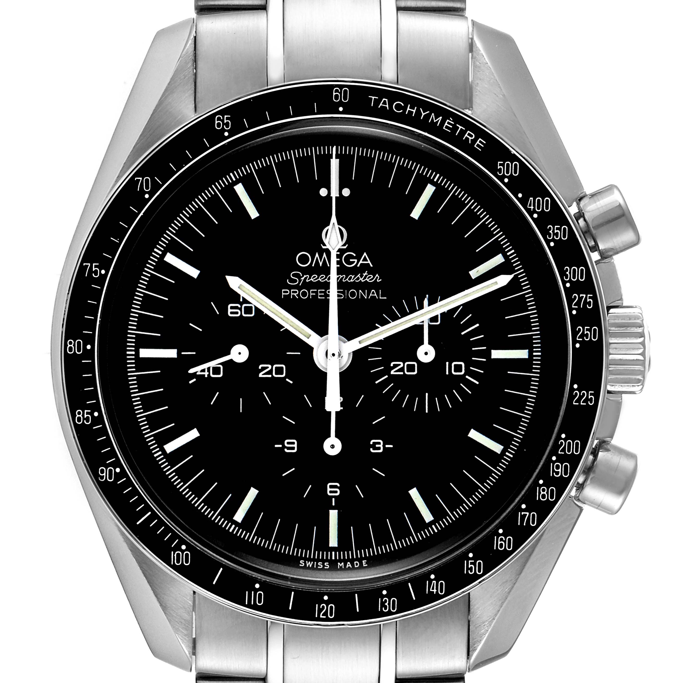 A frontal view of the Omega Speedmaster 311.30.42.30.01.005 Men
s Stainless Steel Black Dial 311.30.42.30.01.005 Men
s Stainless Steel Black Dial watch showing the dial, bezel, hands, subdials, crown, and pushers.