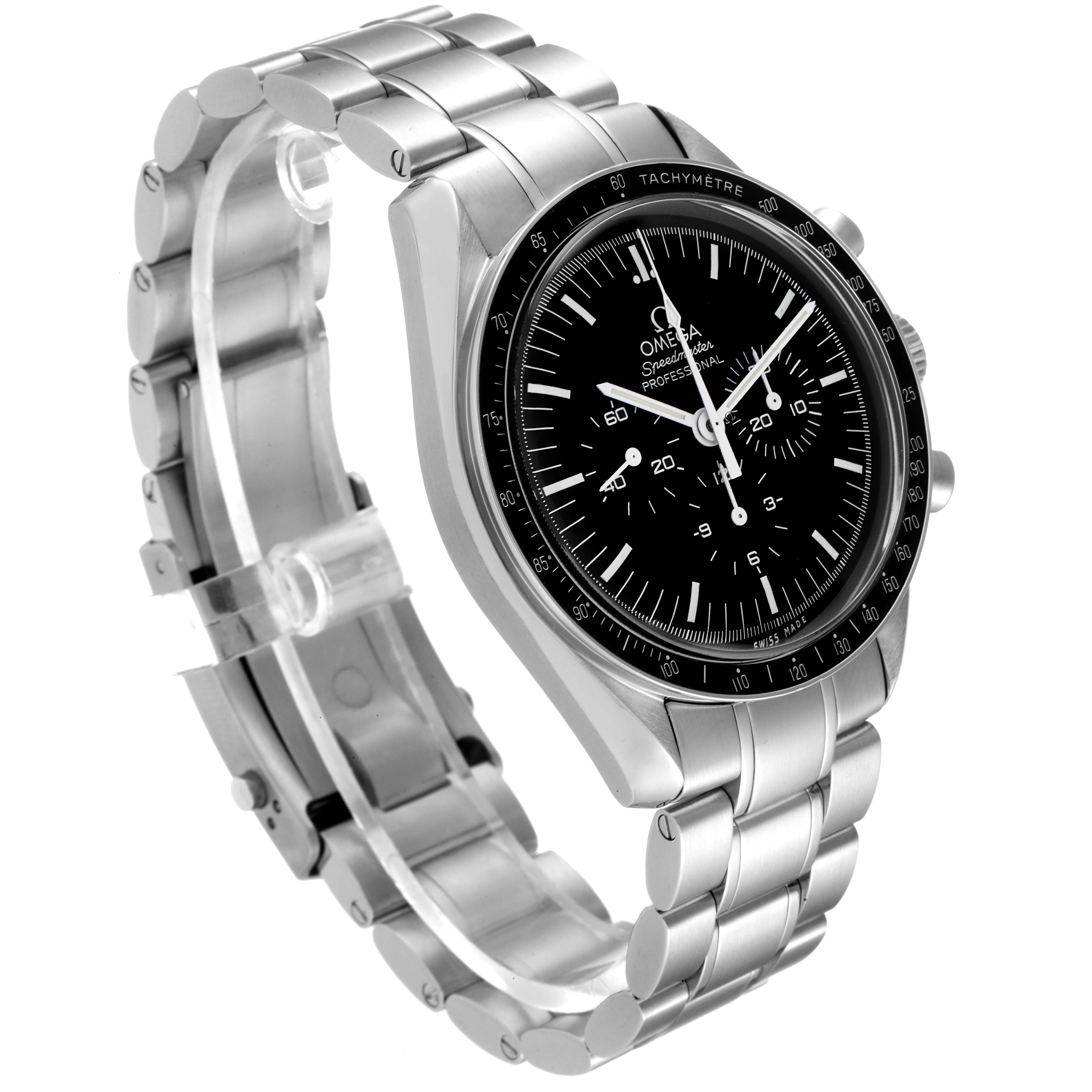 The image shows an Omega Speedmaster 311.30.42.30.01.005 Men
s Stainless Steel Black Dial 311.30.42.30.01.005 Men
s Stainless Steel Black Dial watch angled from the top right, displaying the dial, bezel, and metal bracelet.