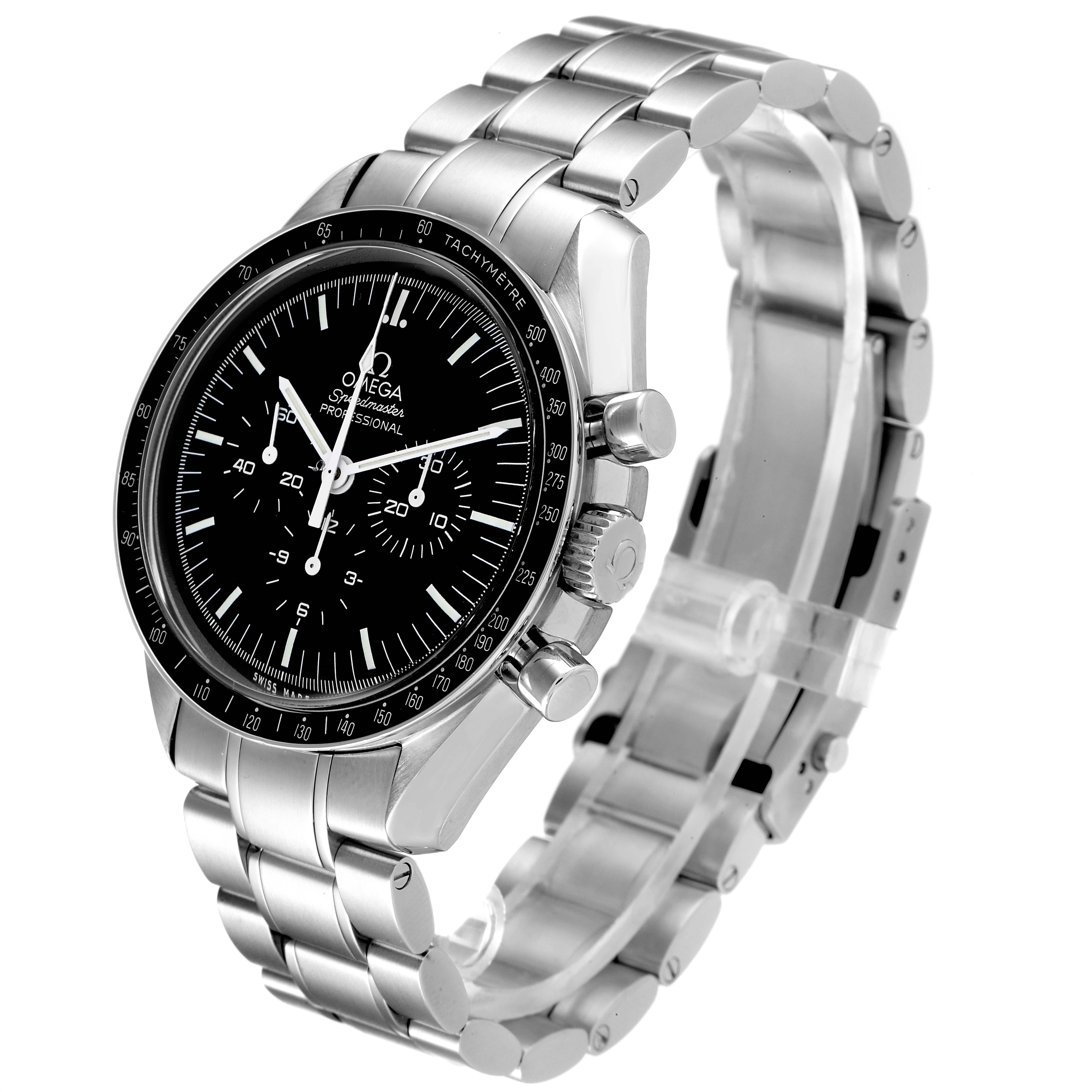 The image shows a front-left angled view of an Omega Speedmaster 311.30.42.30.01.005 Men
s Stainless Steel Black Dial 311.30.42.30.01.005 Men
s Stainless Steel Black Dial watch, highlighting its dial, bezel, and metal bracelet.