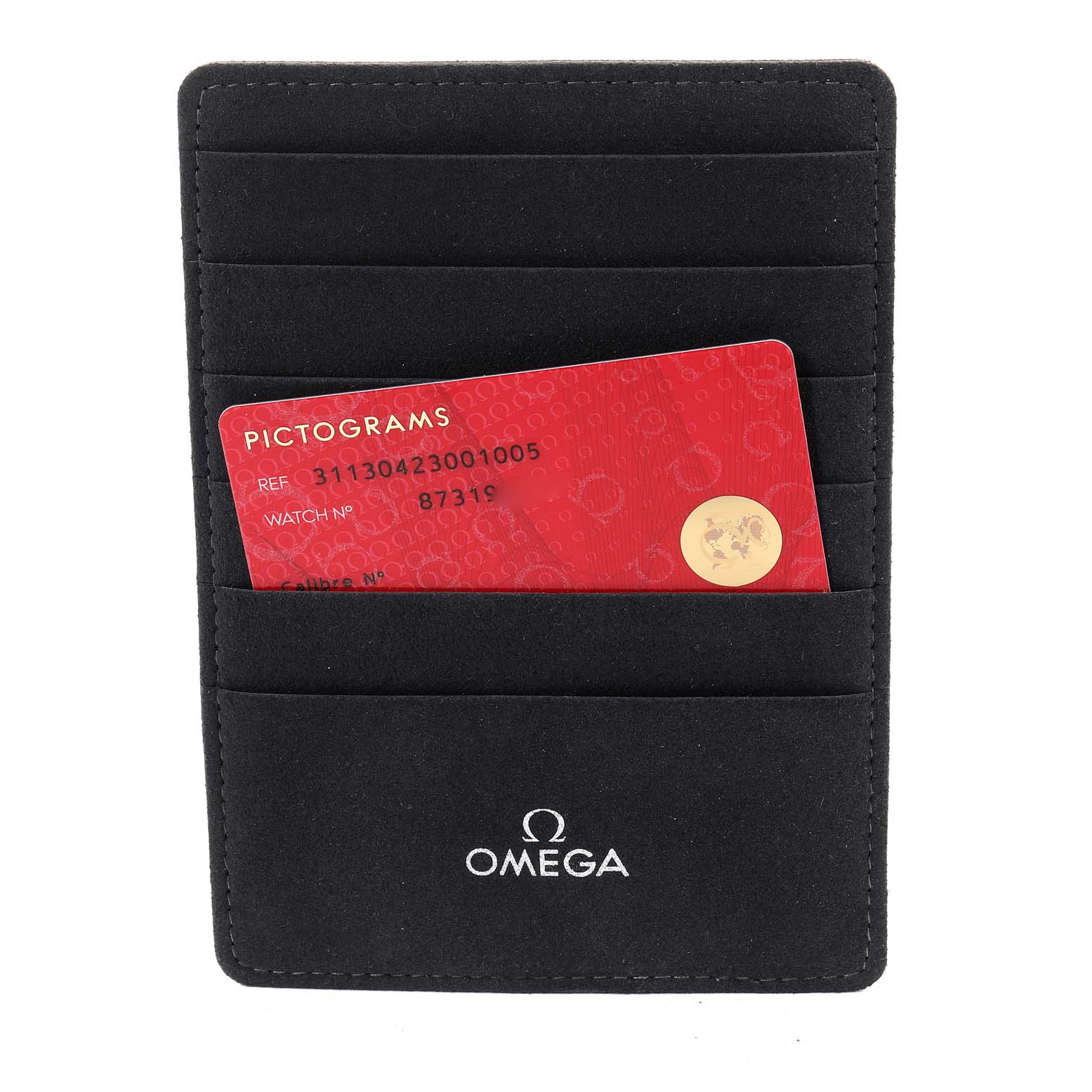 The image shows a black Omega cardholder with a red pictograms card for the Omega Speedmaster 311.30.42.30.01.005 Men
s Stainless Steel Black Dial 311.30.42.30.01.005 Men
s Stainless Steel Black Dial model.