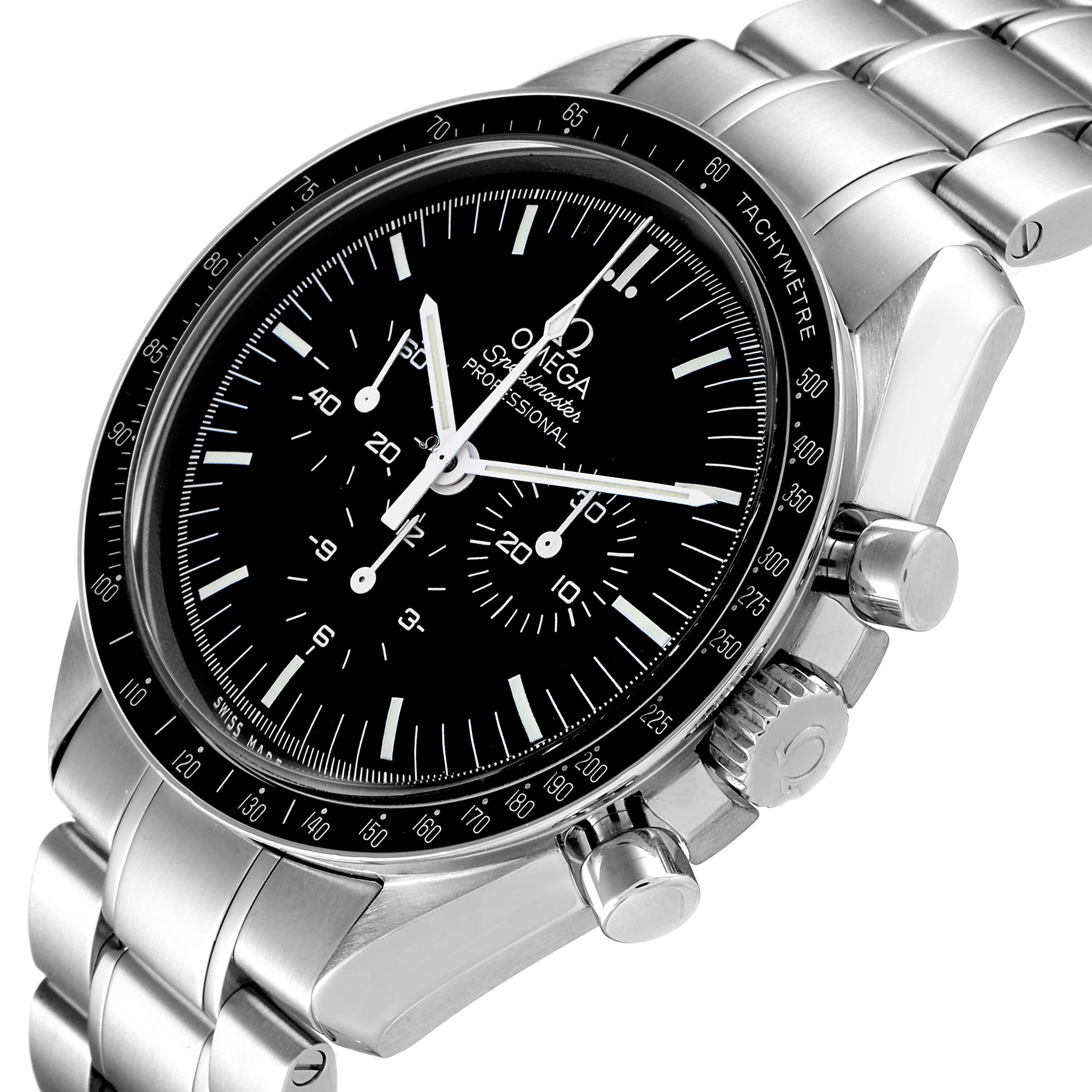 The image shows an Omega Speedmaster 311.30.42.30.01.005 Men
s Stainless Steel Black Dial 311.30.42.30.01.005 Men
s Stainless Steel Black Dial watch from an angled side, featuring its face, bezel, crown, pushers, and stainless steel bracelet.