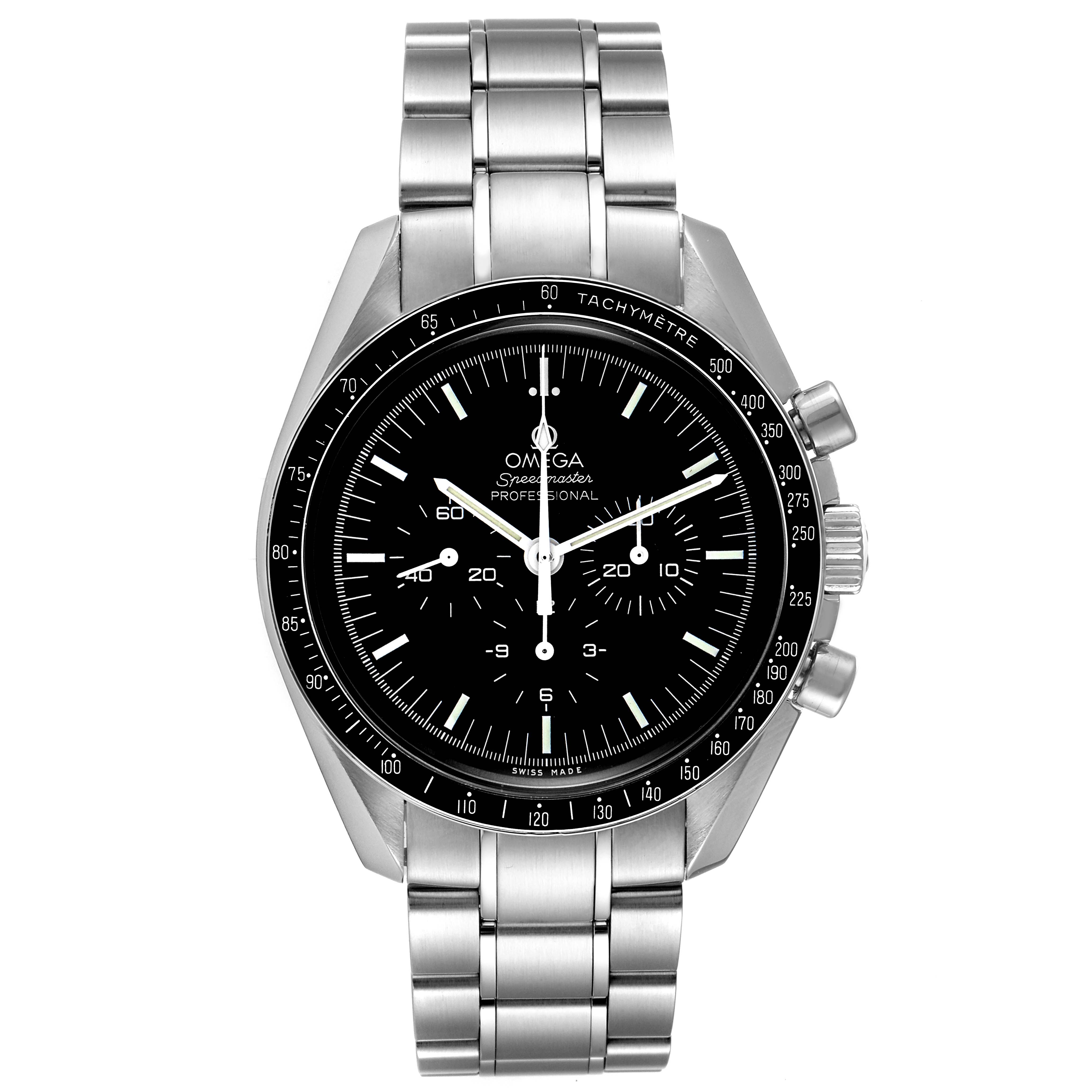 The image shows a front view of an Omega Speedmaster 311.30.42.30.01.005 Men
s Stainless Steel Black Dial 311.30.42.30.01.005 Men
s Stainless Steel Black Dial watch, highlighting the face, bezel, and stainless steel bracelet.