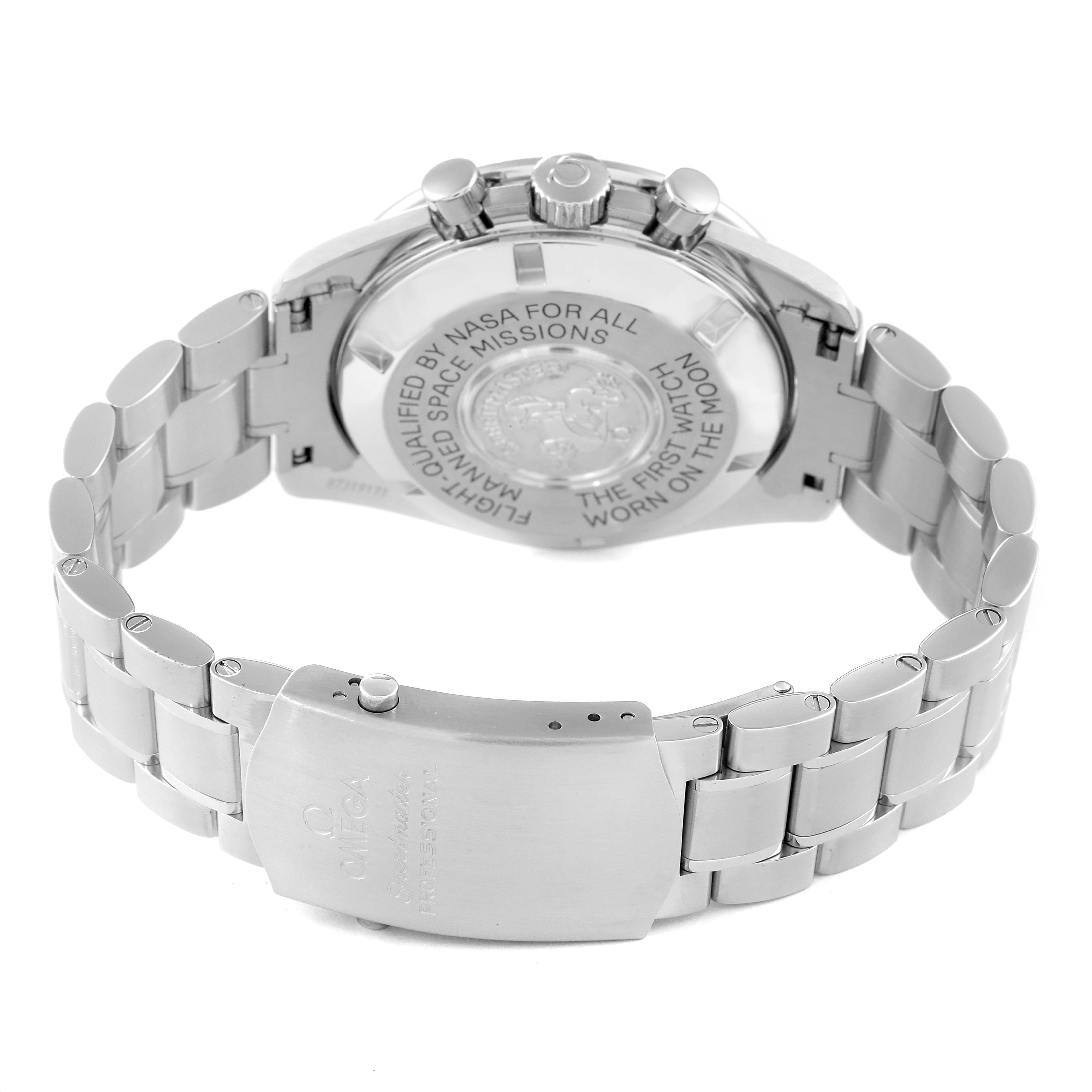 The image shows the back and bracelet of the Omega Speedmaster 311.30.42.30.01.005 Men
s Stainless Steel Black Dial 311.30.42.30.01.005 Men
s Stainless Steel Black Dial watch, highlighting the engraved back and metal clasp.