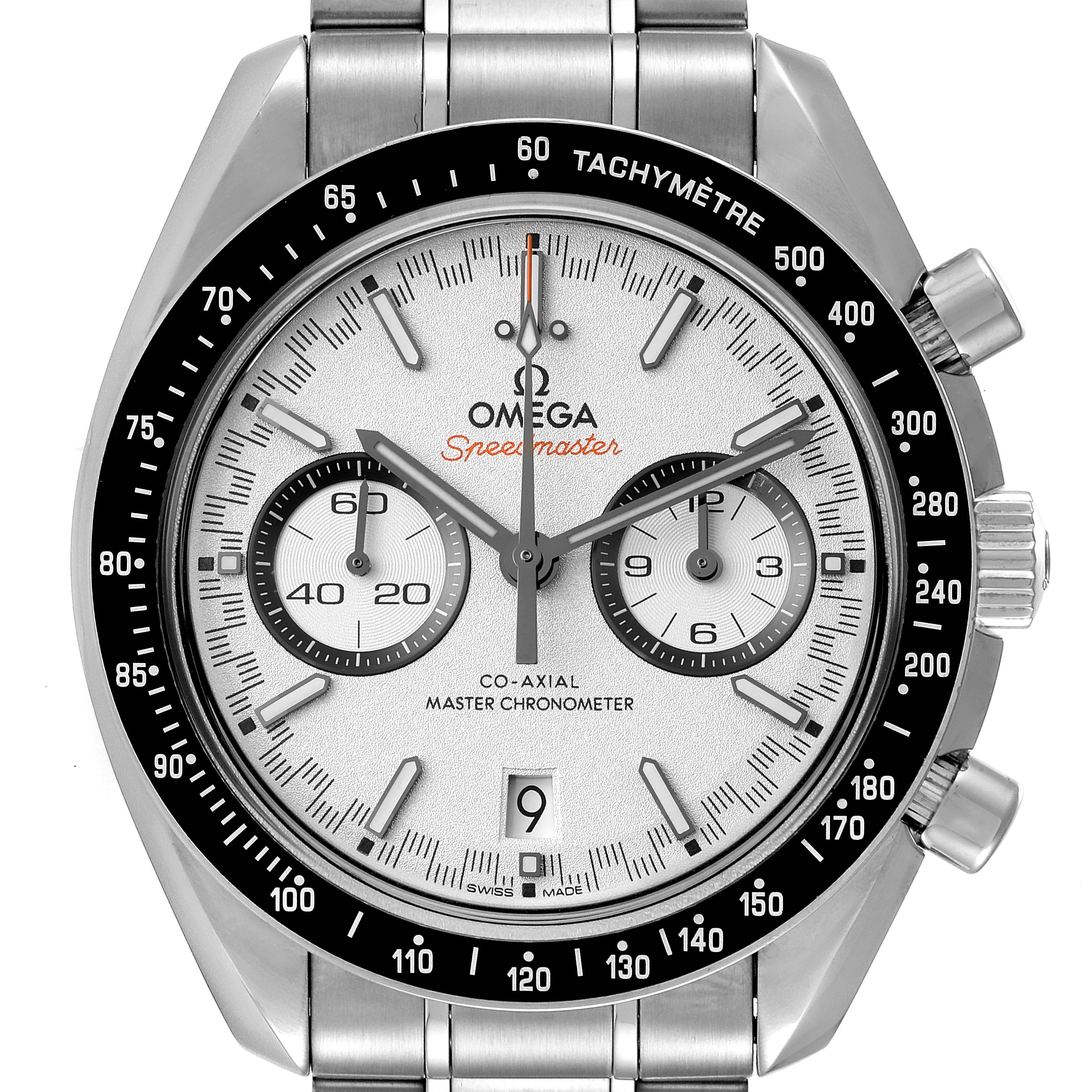 The image shows a frontal view of an Omega Speedmaster 329.30.44.51.04.001 Men's Stainless Steel White Dial 329.30.44.51.04.001 Men's Stainless Steel White Dial watch, highlighting the dial, chronograph subdials, and tachymeter bezel.