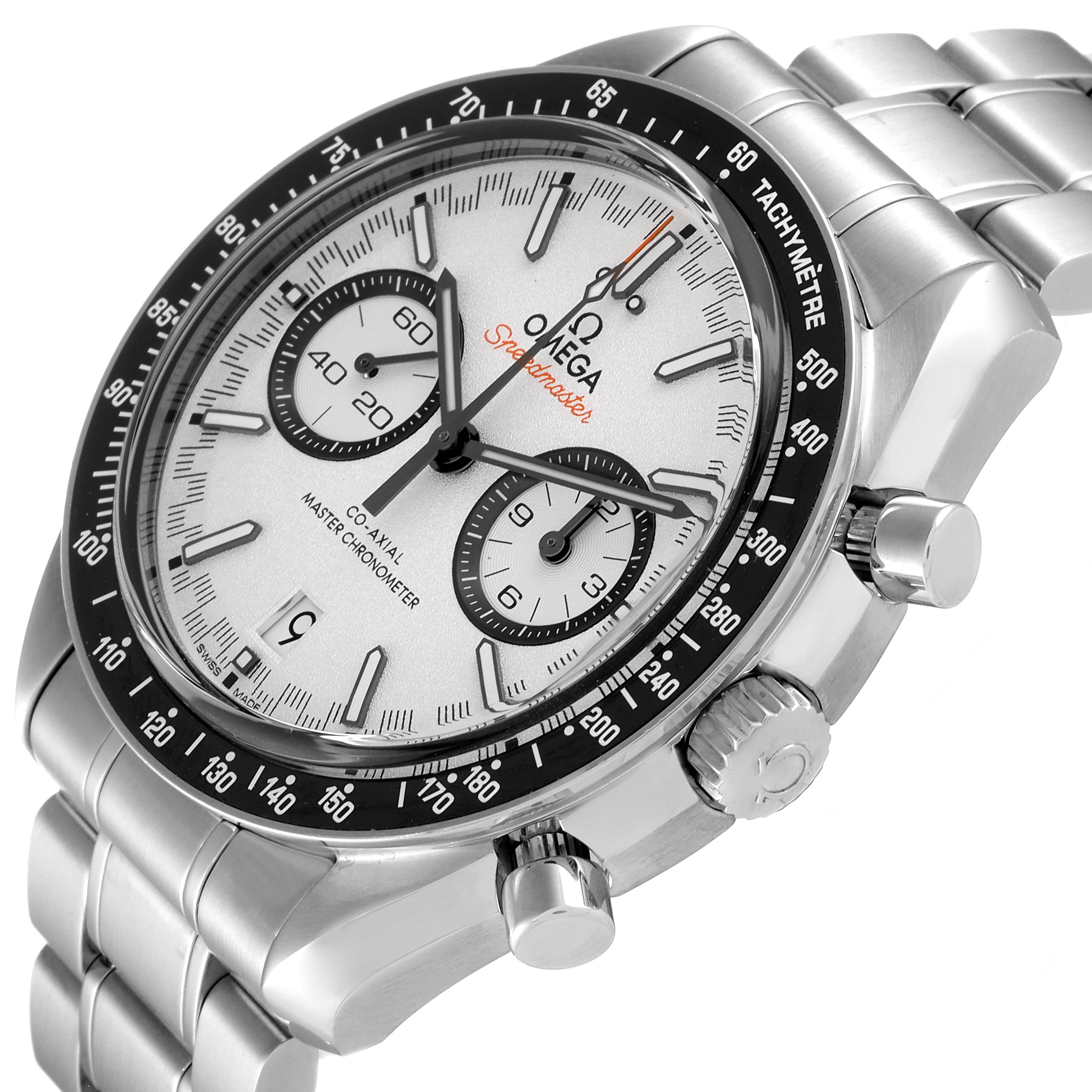 This Omega Speedmaster 329.30.44.51.04.001 Men's Stainless Steel White Dial 329.30.44.51.04.001 Men's Stainless Steel White Dial watch is shown from a slight angle, highlighting the face, bezel, and crown.