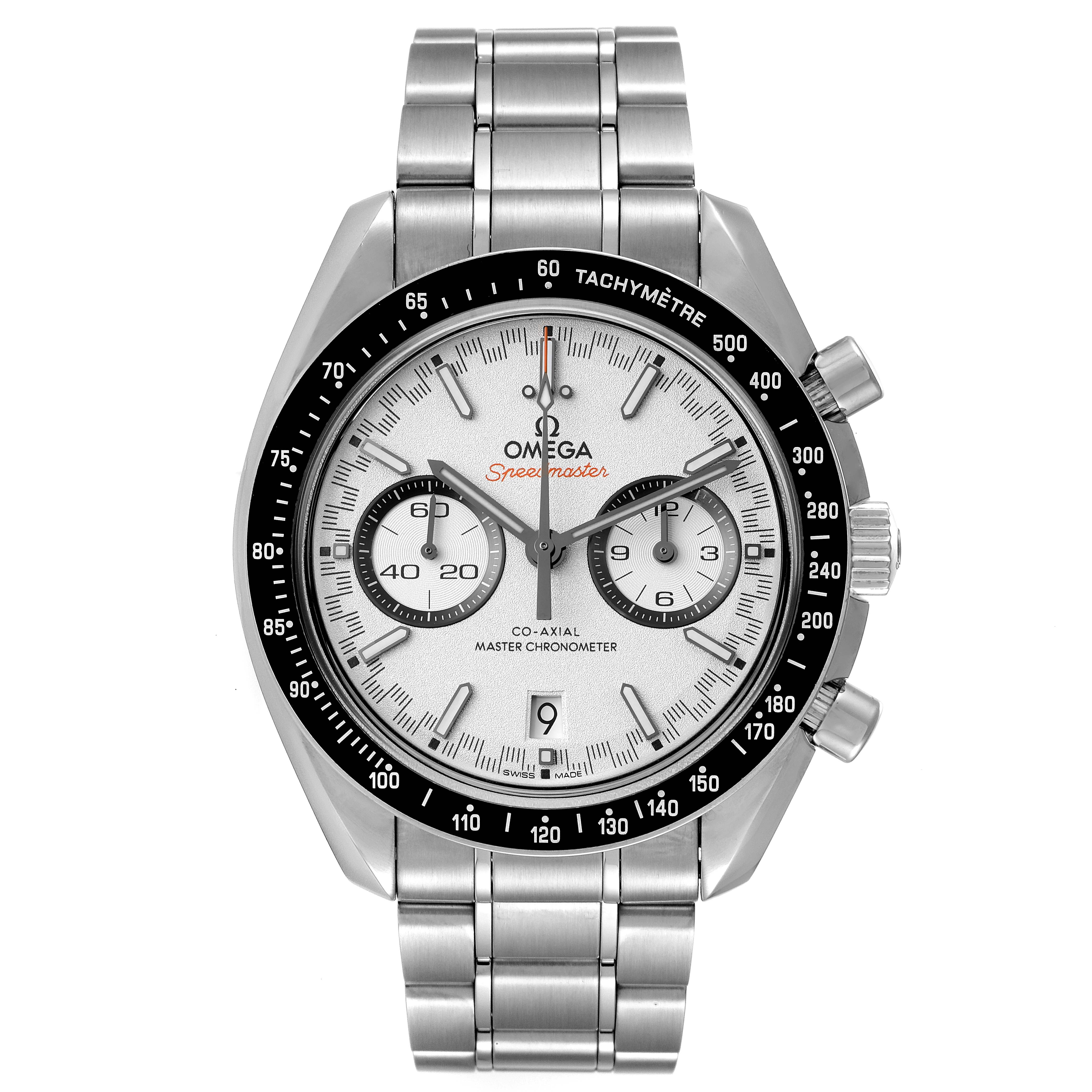 The Omega Speedmaster 329.30.44.51.04.001 Men's Stainless Steel White Dial 329.30.44.51.04.001 Men's Stainless Steel White Dial watch is shown from a front angle, displaying its face, bezel, and stainless steel bracelet.