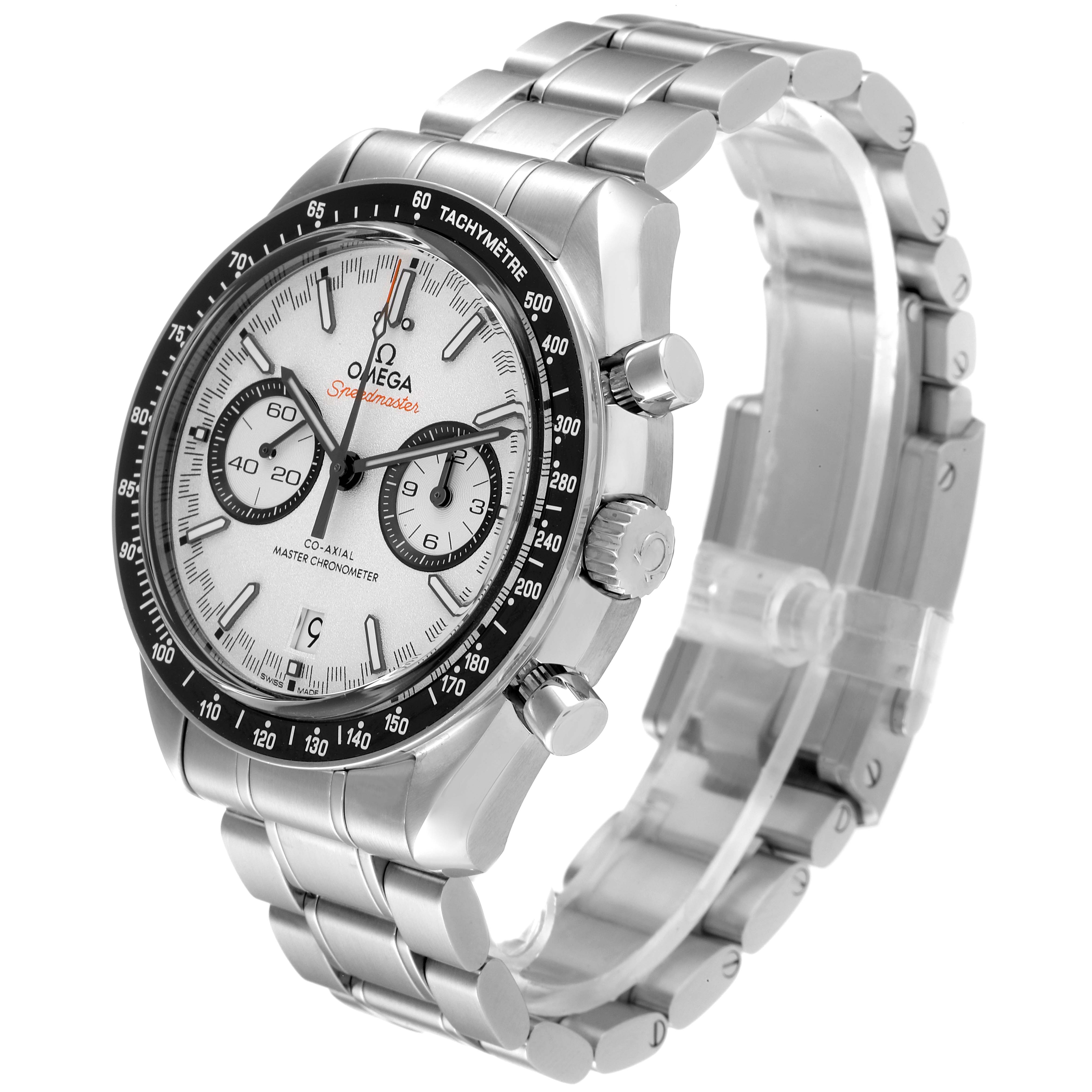 The image shows a side angle of an Omega Speedmaster 329.30.44.51.04.001 Men's Stainless Steel White Dial 329.30.44.51.04.001 Men's Stainless Steel White Dial watch, highlighting its face, bezel, pushers, and metal bracelet.