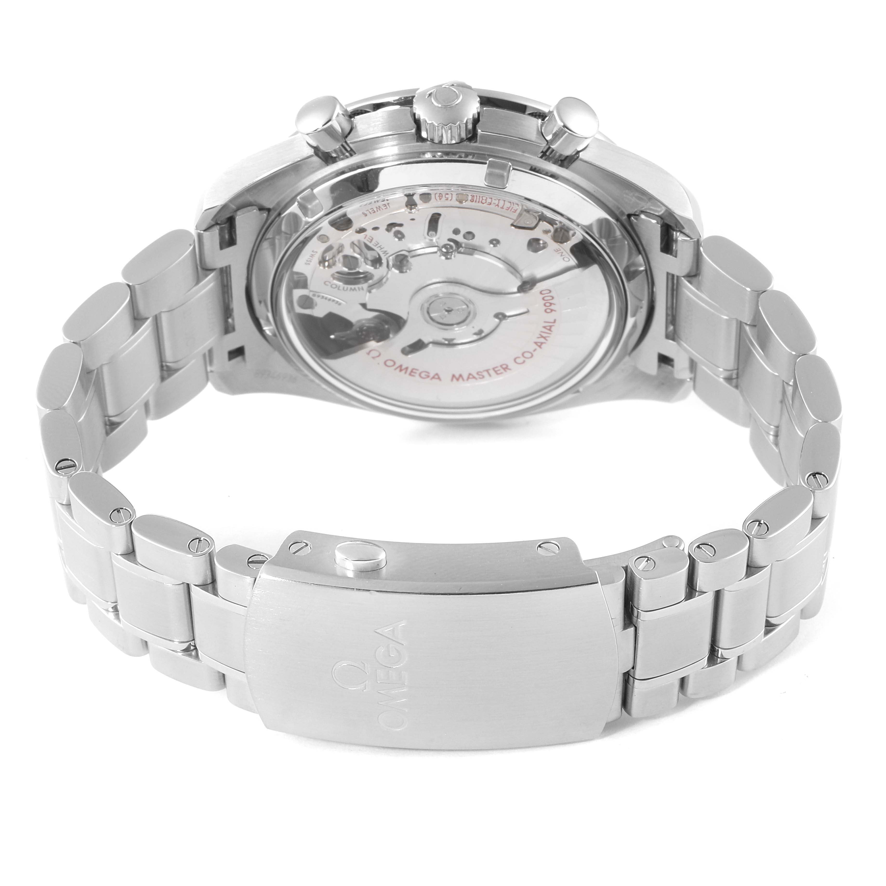 The Omega Speedmaster 329.30.44.51.04.001 Men's Stainless Steel White Dial 329.30.44.51.04.001 Men's Stainless Steel White Dial watch is shown from the rear angle, highlighting its movement and stainless steel bracelet with the clasp visible.