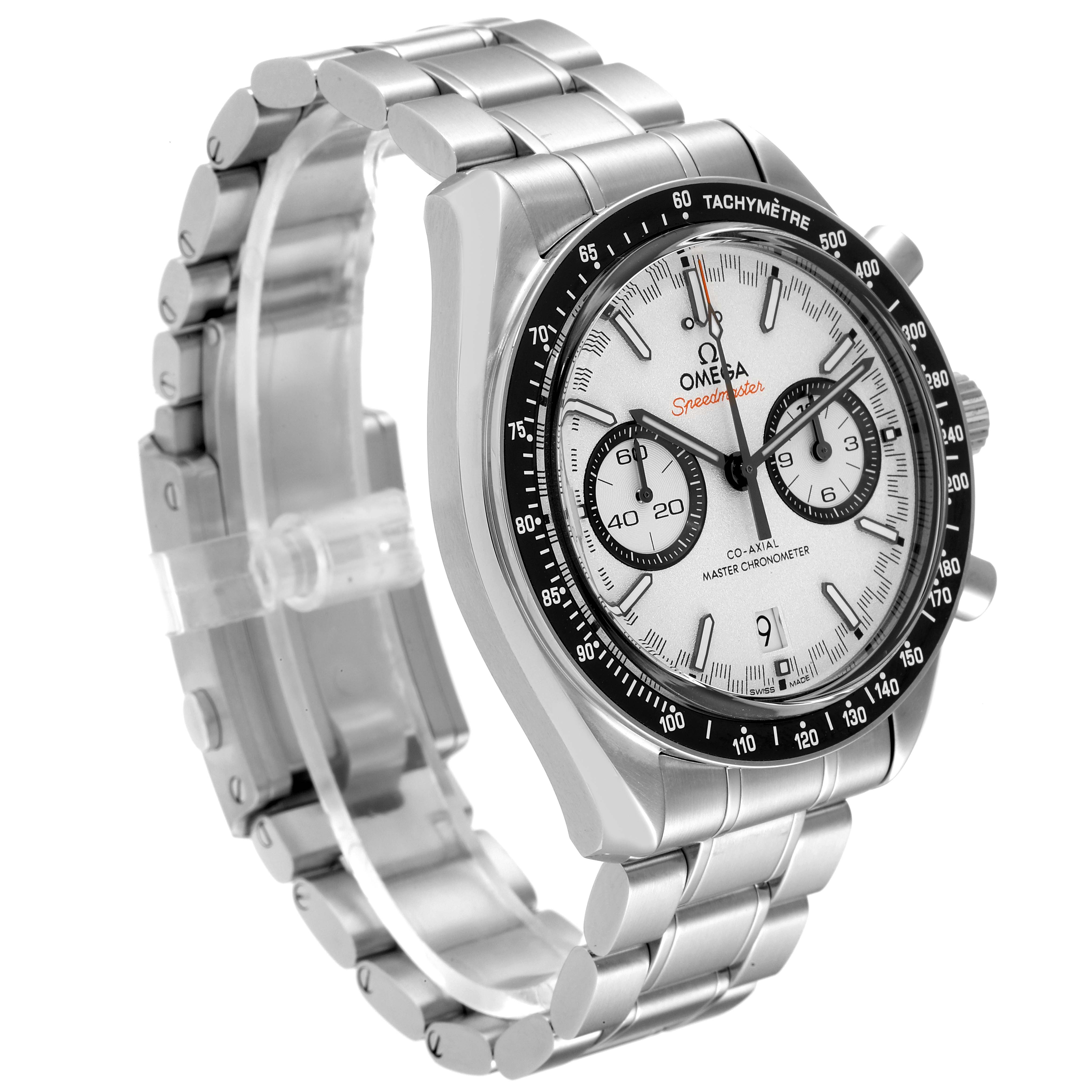 The image shows an angled view of an Omega Speedmaster 329.30.44.51.04.001 Men's Stainless Steel White Dial 329.30.44.51.04.001 Men's Stainless Steel White Dial watch, highlighting the dial, bezel, and metal bracelet.