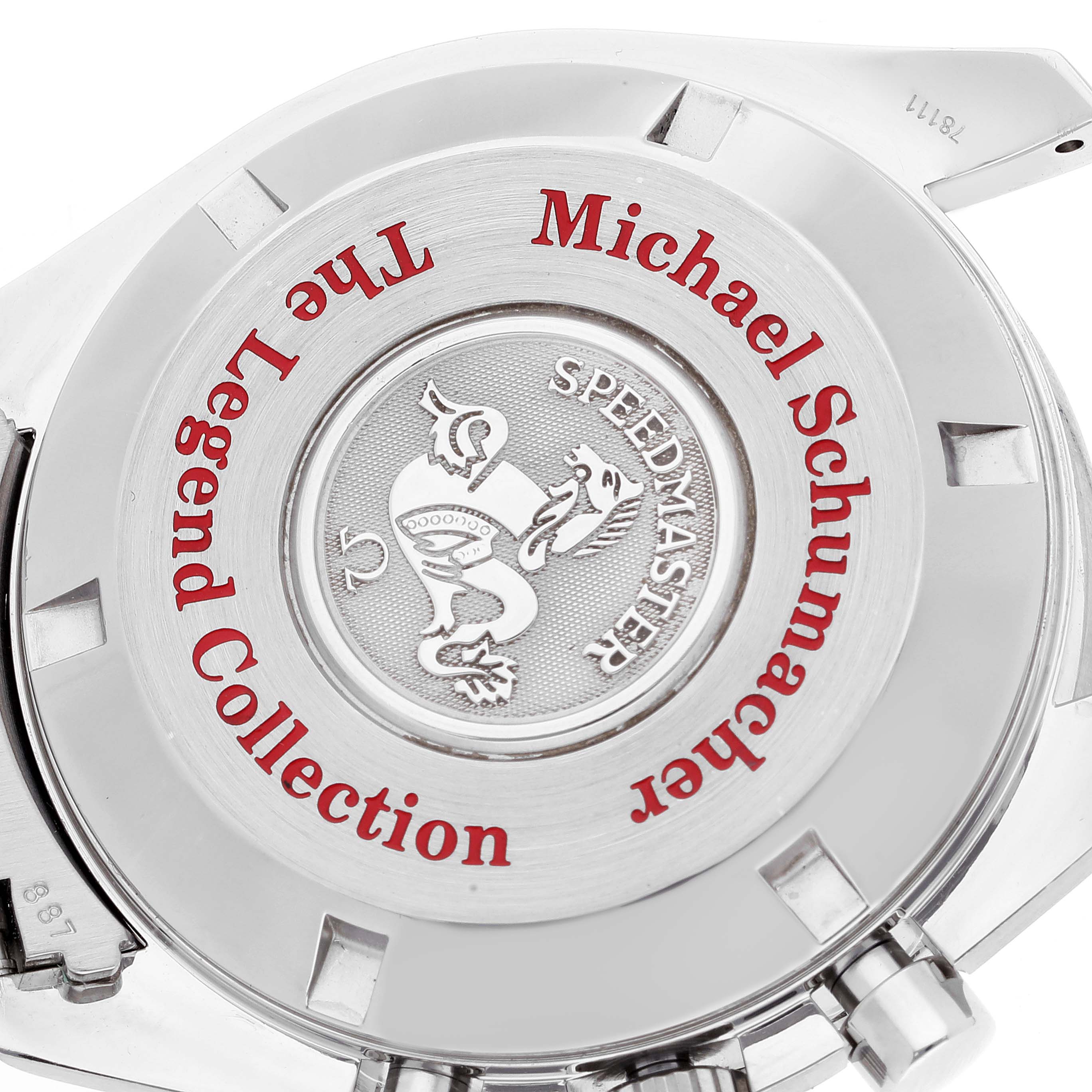 The image shows the case back of an Omega Speedmaster 3507.51.00 Men's Stainless Steel Black Dial 3507.51.00 Men's Stainless Steel Black Dial watch, featuring the Michael Schumacher Legend Collection engraving.