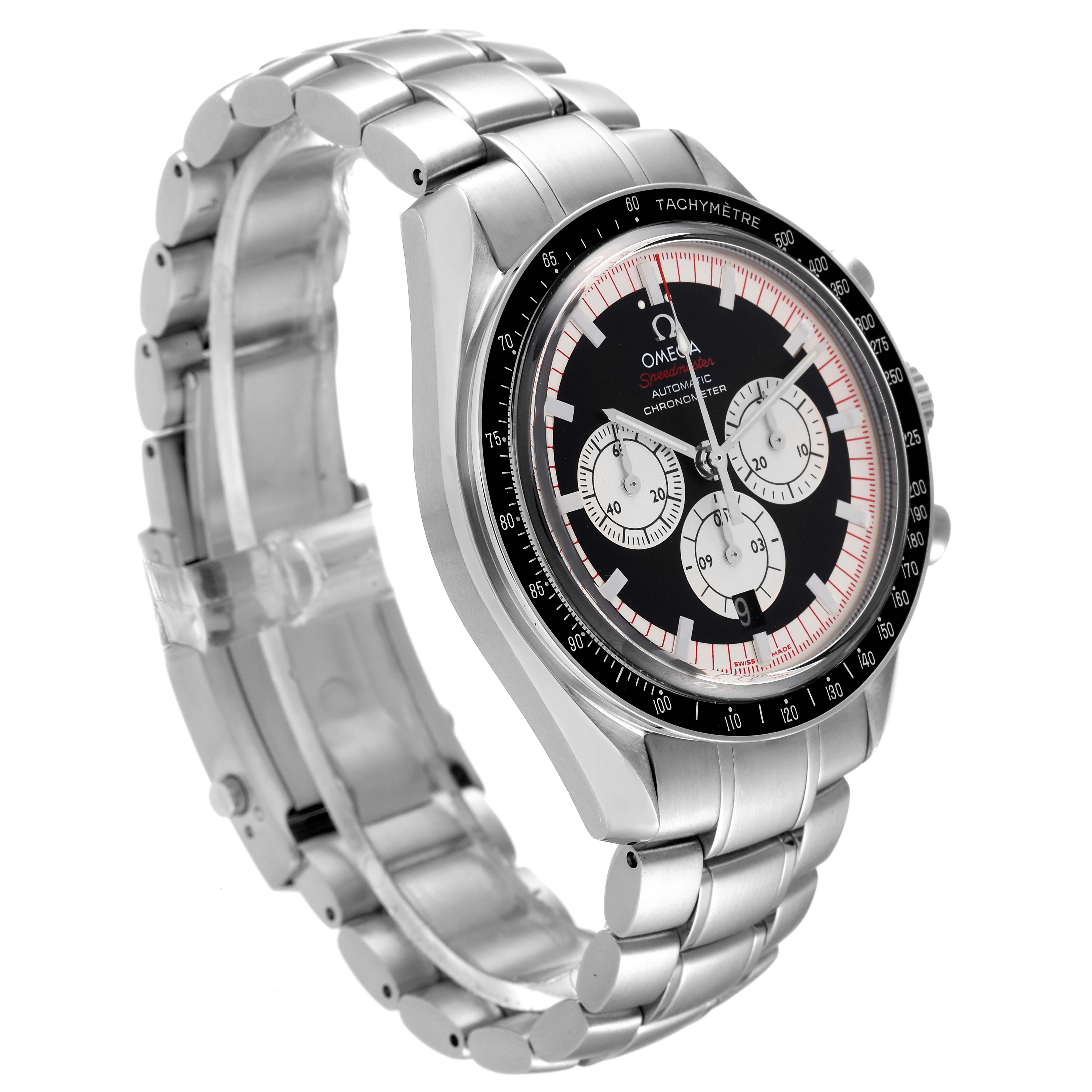 The image shows a side and slightly top angle of the Omega Speedmaster 3507.51.00 Men's Stainless Steel Black Dial 3507.51.00 Men's Stainless Steel Black Dial watch, highlighting its dial, bezel, and metal bracelet.