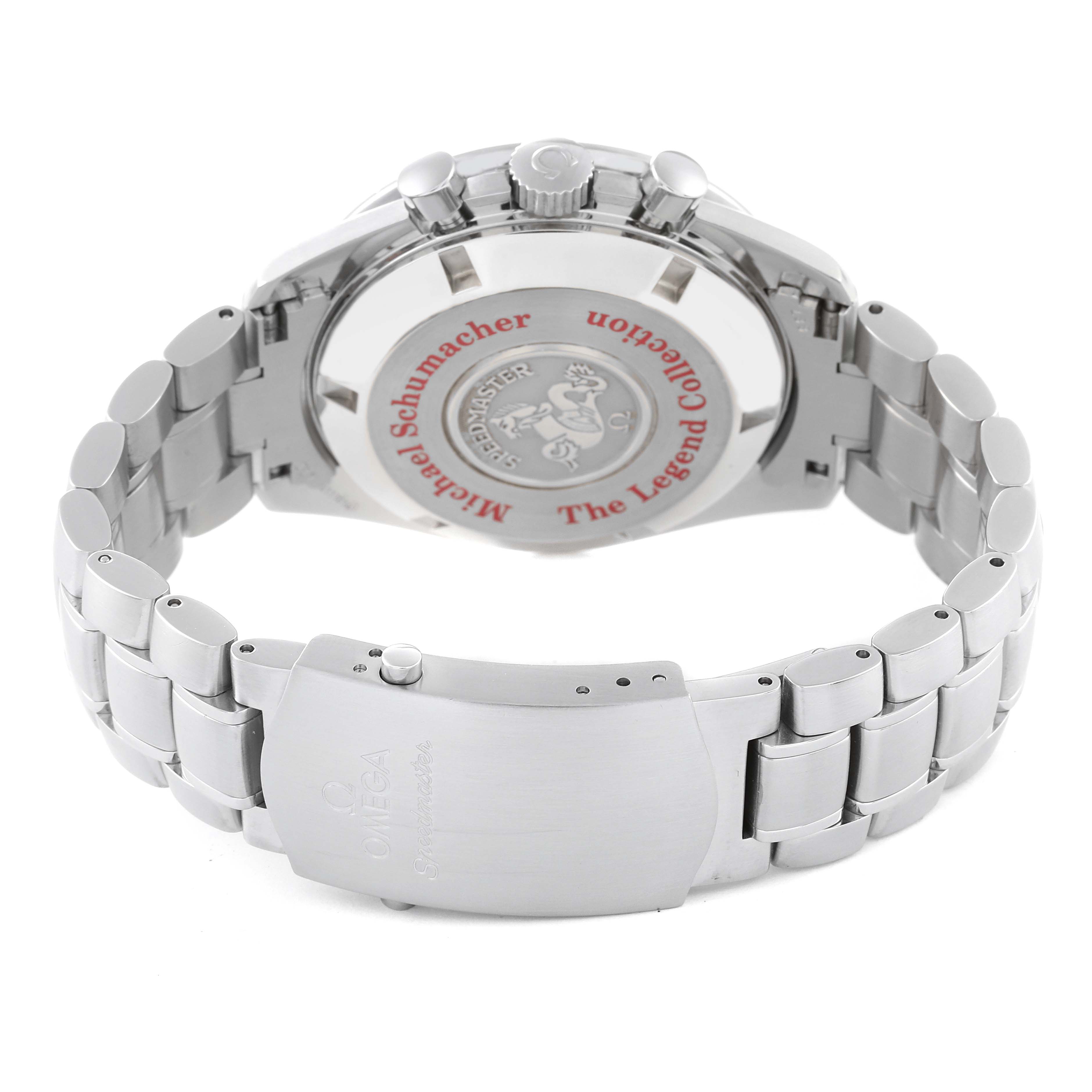 This image shows the back case and bracelet of an Omega Speedmaster 3507.51.00 Men's Stainless Steel Black Dial 3507.51.00 Men's Stainless Steel Black Dial watch, highlighting the clasp and engraved case back.