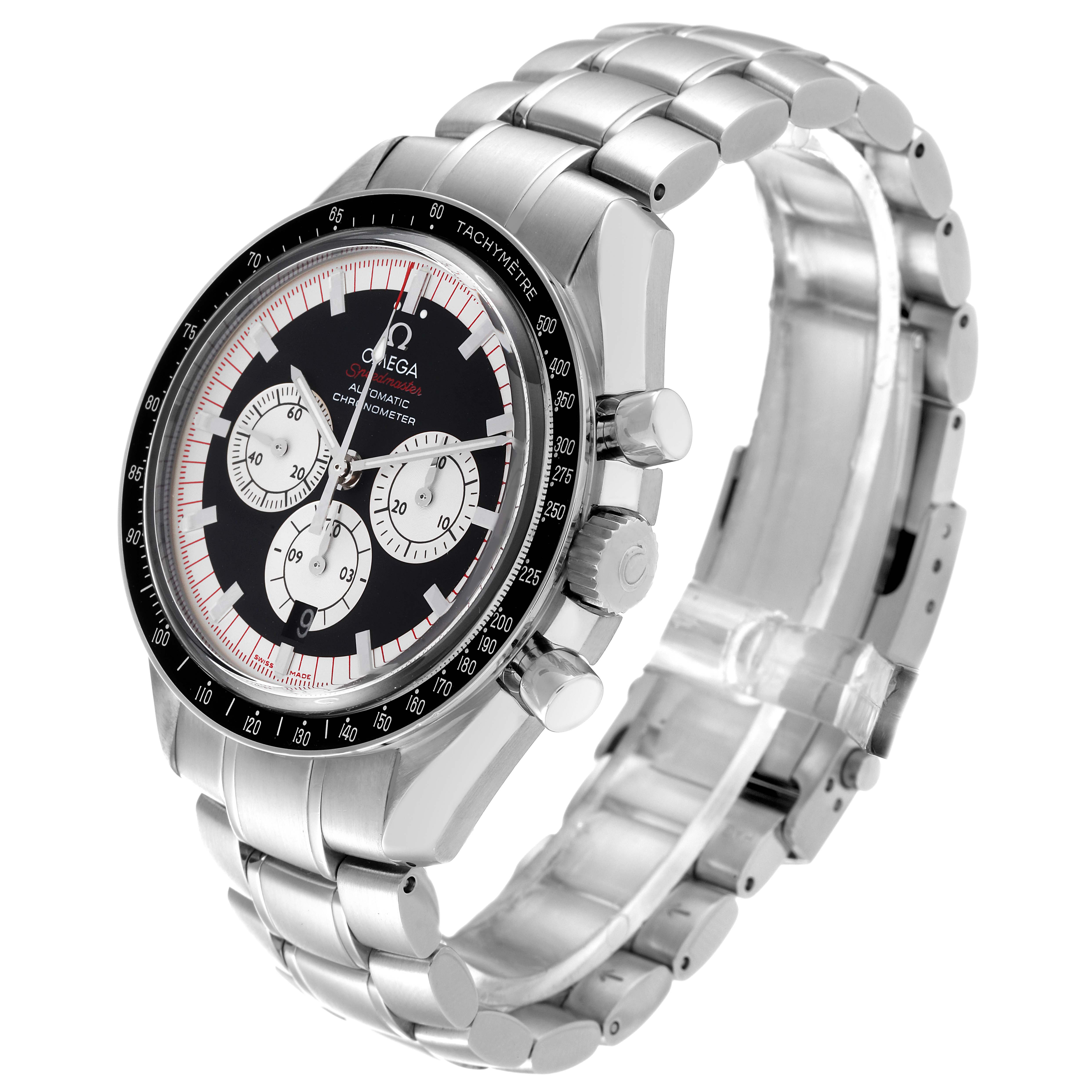 The image shows a side angle view of the Omega Speedmaster 3507.51.00 Men's Stainless Steel Black Dial 3507.51.00 Men's Stainless Steel Black Dial watch, highlighting its dial, bezel, chronograph subdials, and stainless steel bracelet.