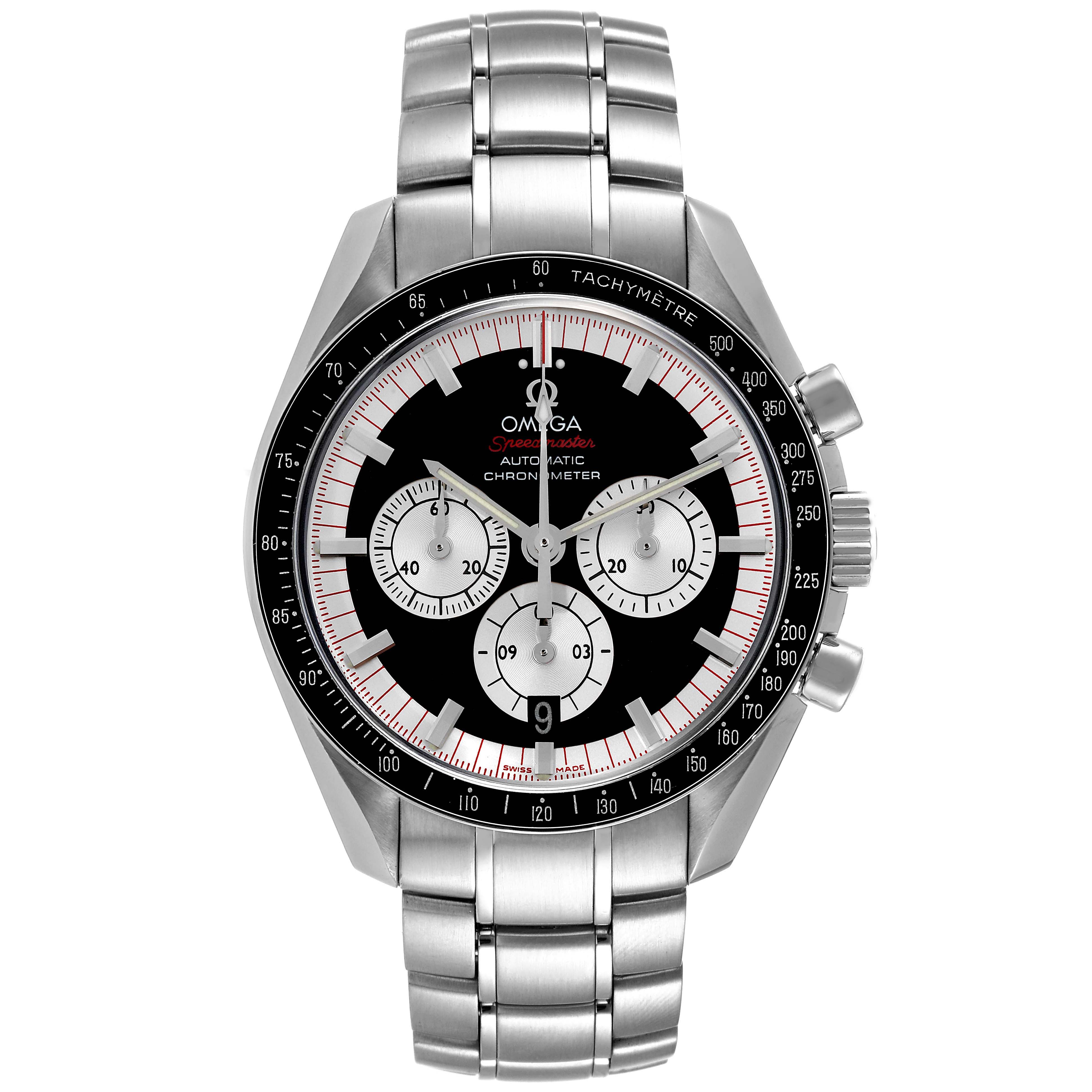 The image shows a front view of the Omega Speedmaster 3507.51.00 Men's Stainless Steel Black Dial 3507.51.00 Men's Stainless Steel Black Dial watch, showcasing its dial, chronograph sub-dials, tachymeter bezel, and stainless steel bracelet.