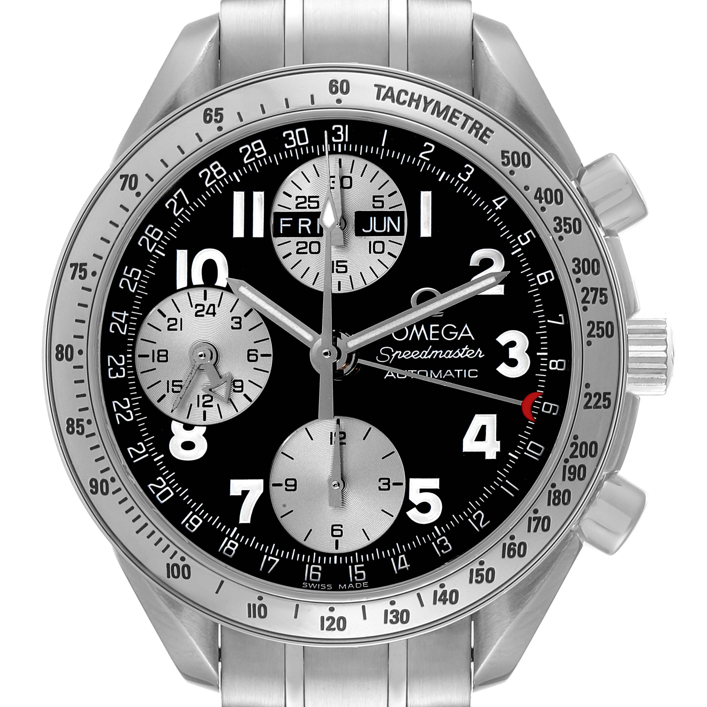 The Omega Speedmaster 3523.51.00 Men
s Stainless Steel Black Dial 3523.51.00 Men
s Stainless Steel Black Dial watch is shown from a front angle, displaying the dial, tachymeter bezel, and chronograph sub-dials.