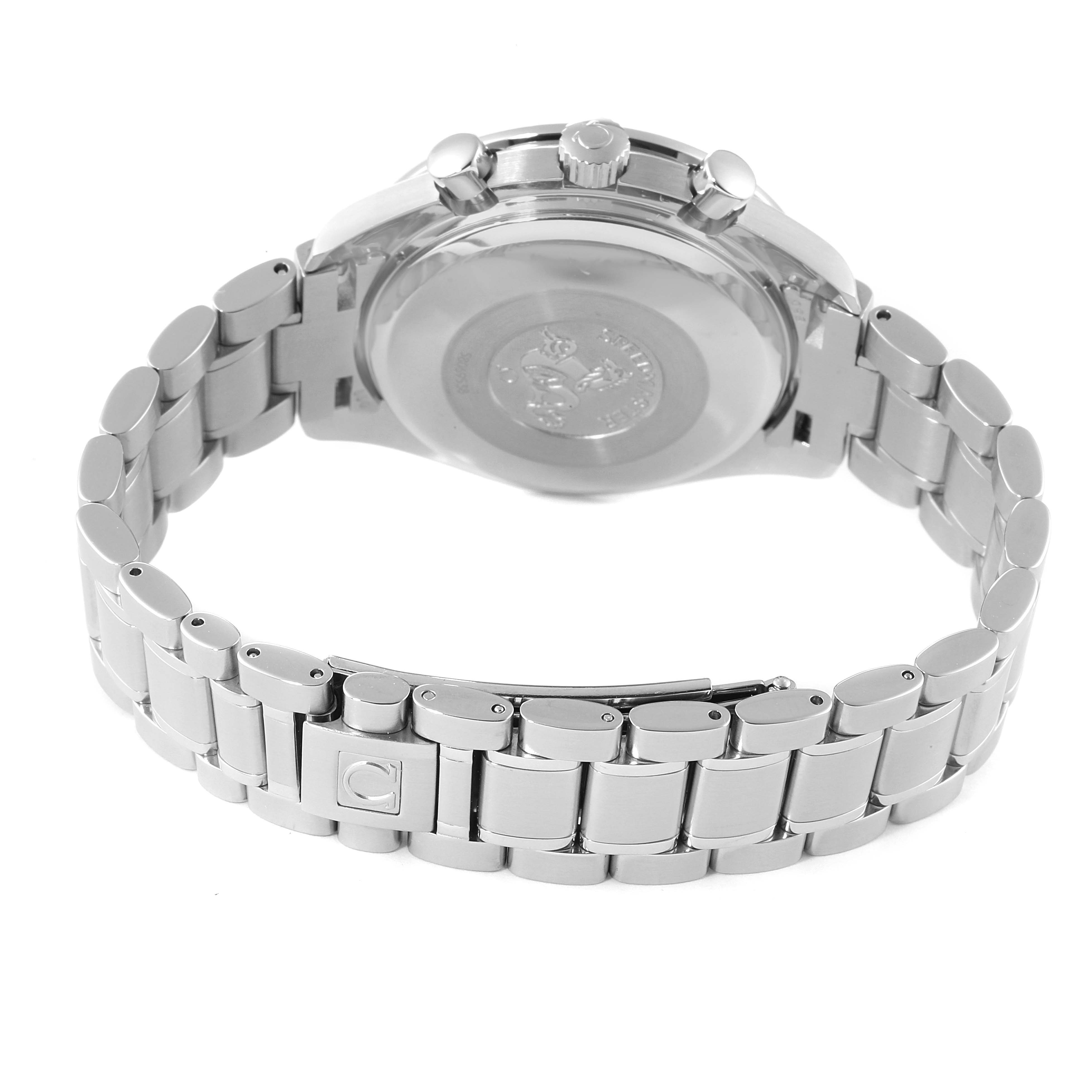 The image shows the Omega Speedmaster 3523.51.00 Men
s Stainless Steel Black Dial 3523.51.00 Men
s Stainless Steel Black Dial watch from the back, highlighting its stainless steel bracelet and closed clasp.
