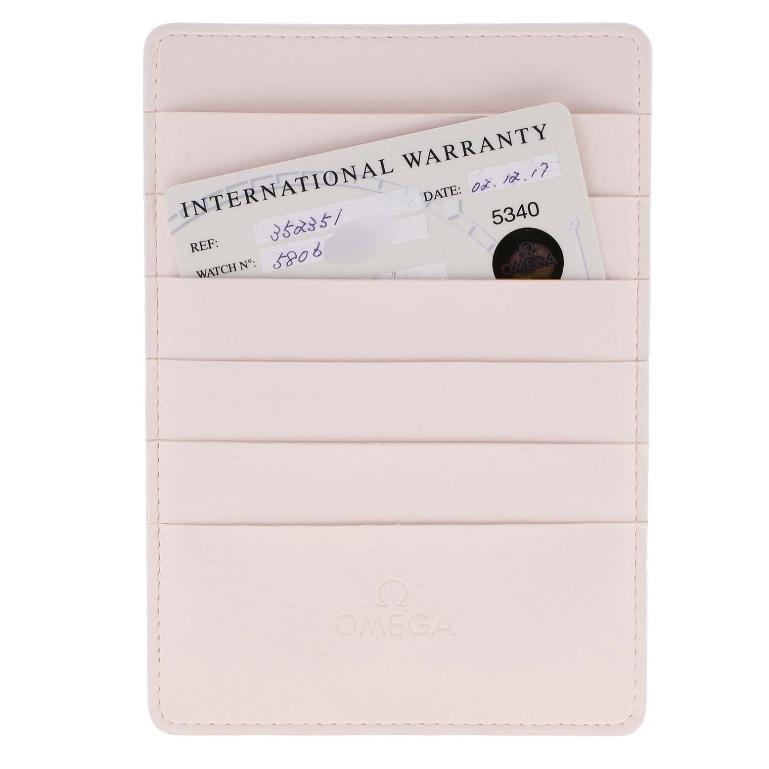 The image shows an Omega Speedmaster 3523.51.00 Men
s Stainless Steel Black Dial 3523.51.00 Men
s Stainless Steel Black Dial international warranty card in a light-colored card holder with the Omega logo.