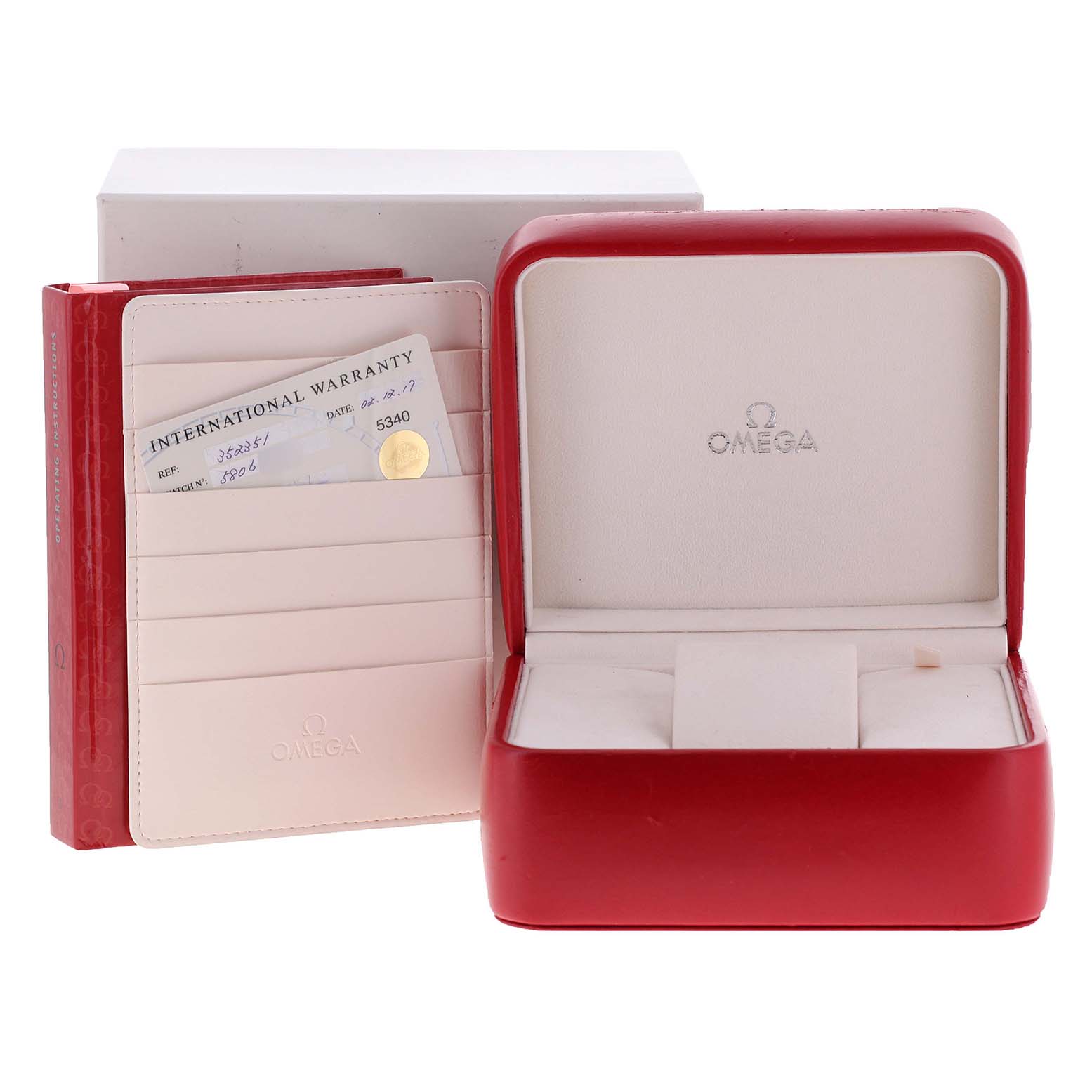 The image shows the Omega Speedmaster 3523.51.00 Men
s Stainless Steel Black Dial 3523.51.00 Men
s Stainless Steel Black Dial watch accessories, including its red display box and the International Warranty card holder.