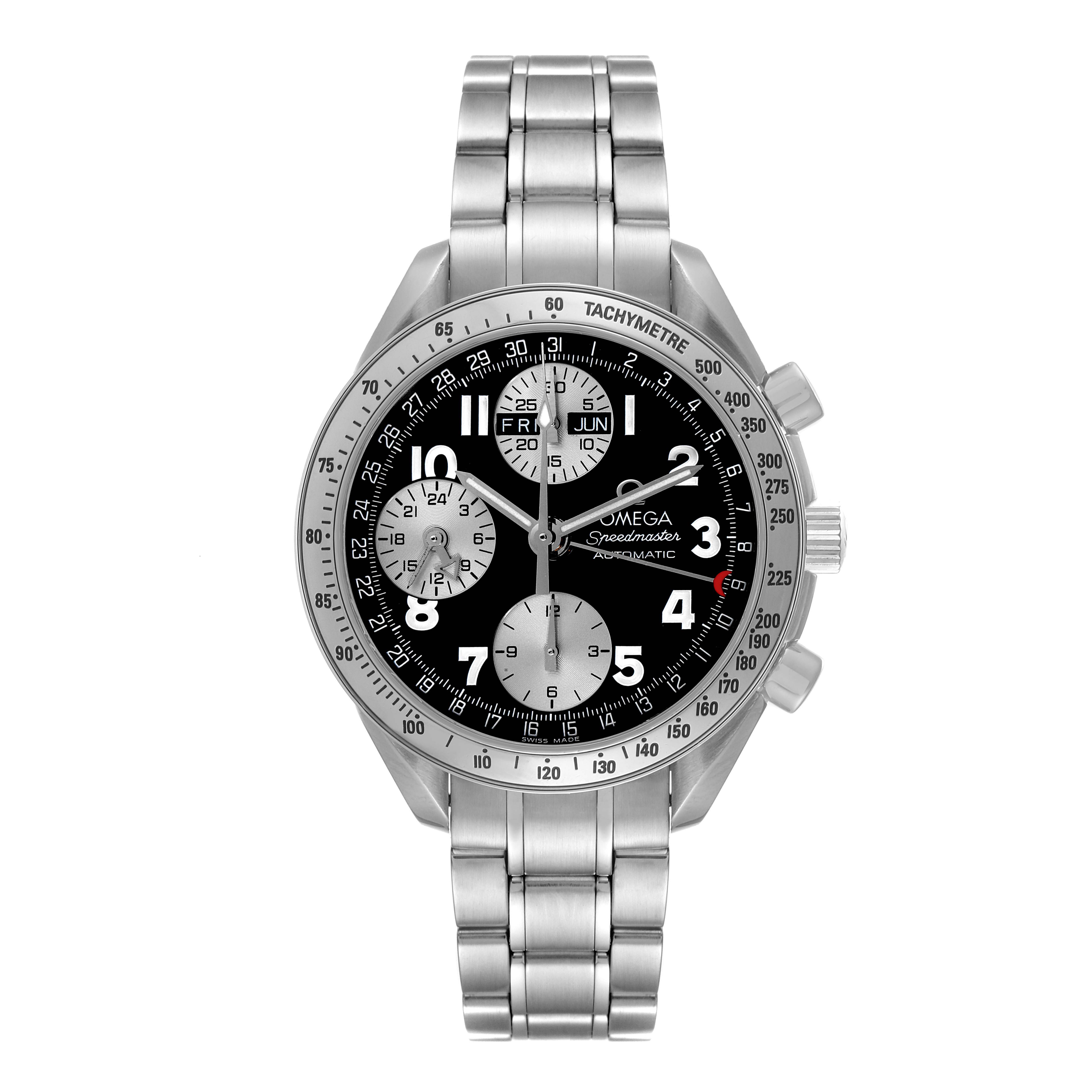 This Omega Speedmaster 3523.51.00 Men
s Stainless Steel Black Dial 3523.51.00 Men
s Stainless Steel Black Dial watch is shown from a front angle, displaying the bracelet, bezel, and detailed watch face with subdials.