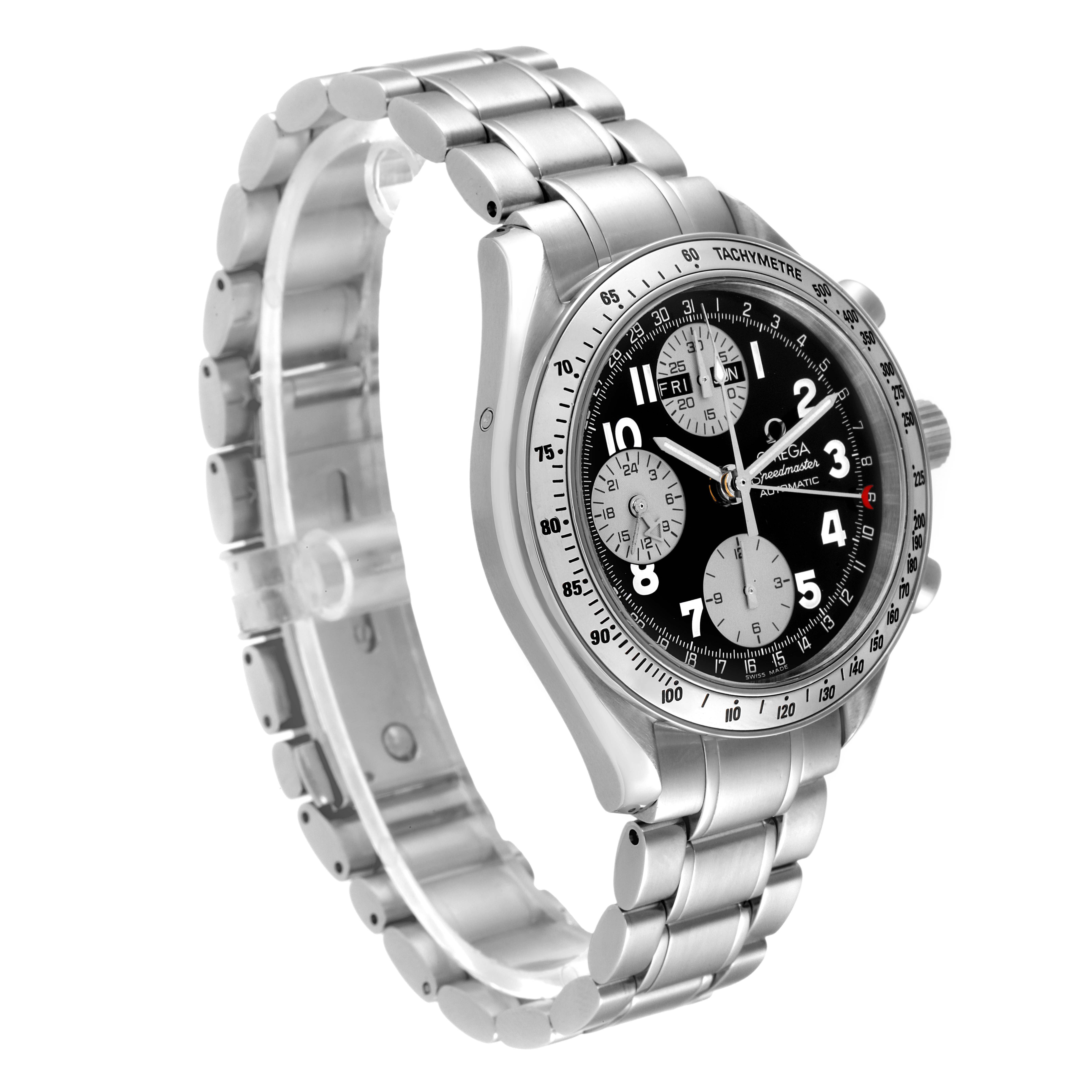 The Omega Speedmaster 3523.51.00 Men
s Stainless Steel Black Dial 3523.51.00 Men
s Stainless Steel Black Dial watch is shown at a three-quarter angle, highlighting its bracelet, tachymeter bezel, and black dial with sub-dials.