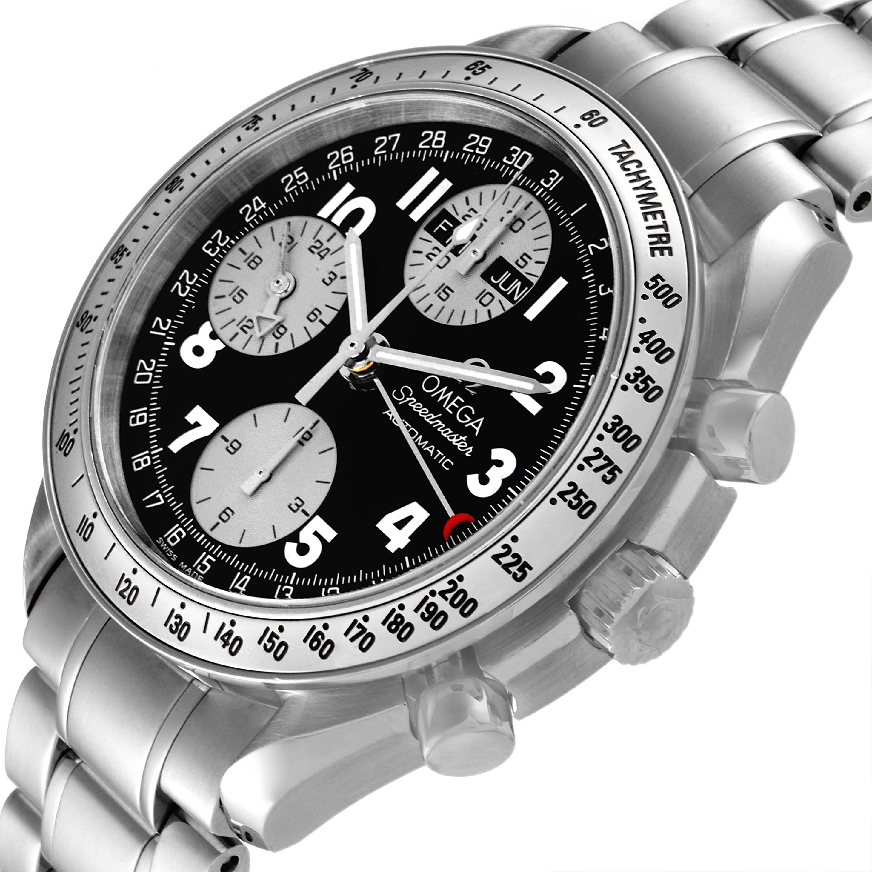 The image shows a close-up angled view of the Omega Speedmaster 3523.51.00 Men
s Stainless Steel Black Dial 3523.51.00 Men
s Stainless Steel Black Dial watch, highlighting the face, dial, and tachymeter bezel.