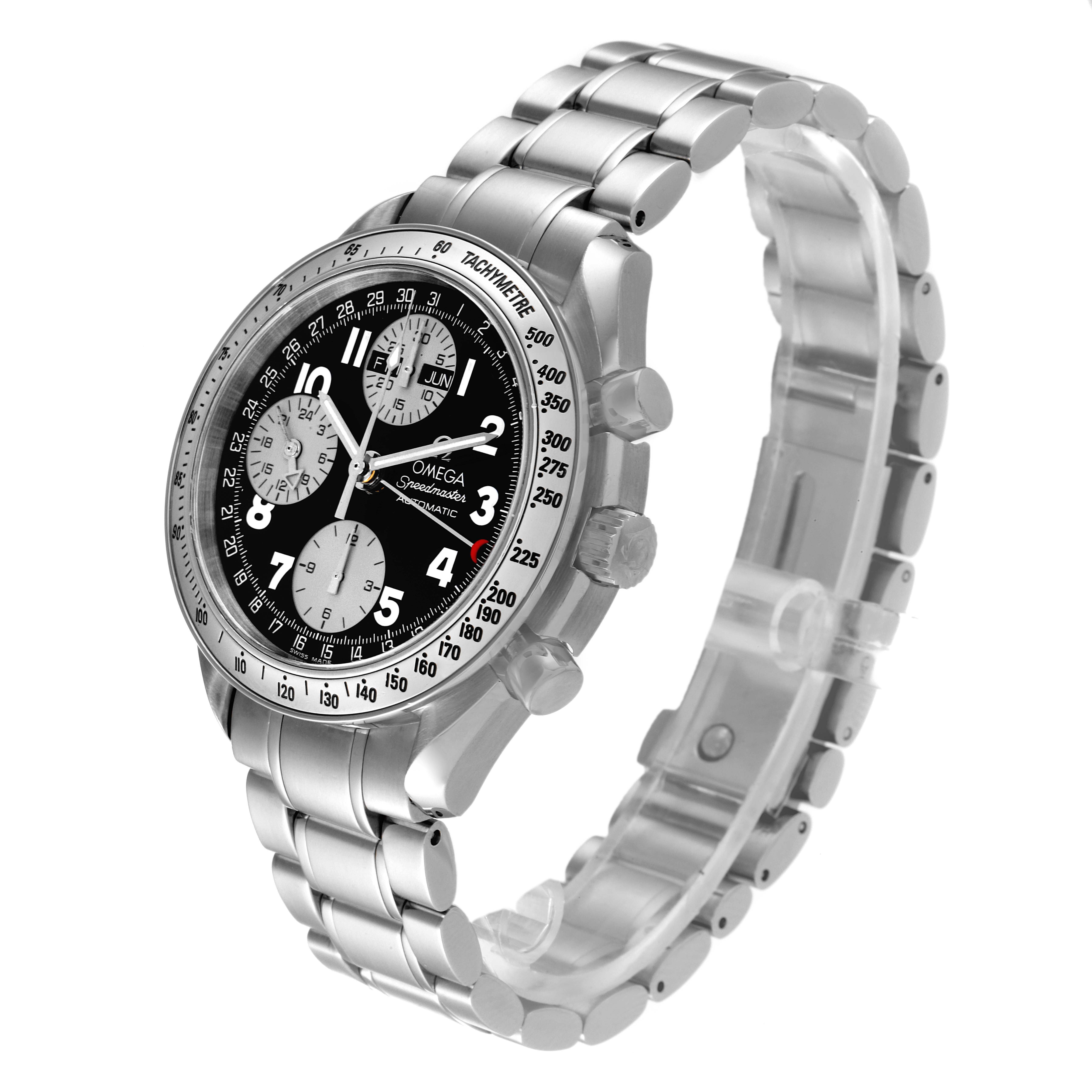 The Omega Speedmaster 3523.51.00 Men
s Stainless Steel Black Dial 3523.51.00 Men
s Stainless Steel Black Dial watch is shown at a three-quarter angle, displaying its face, side buttons, and metal bracelet.