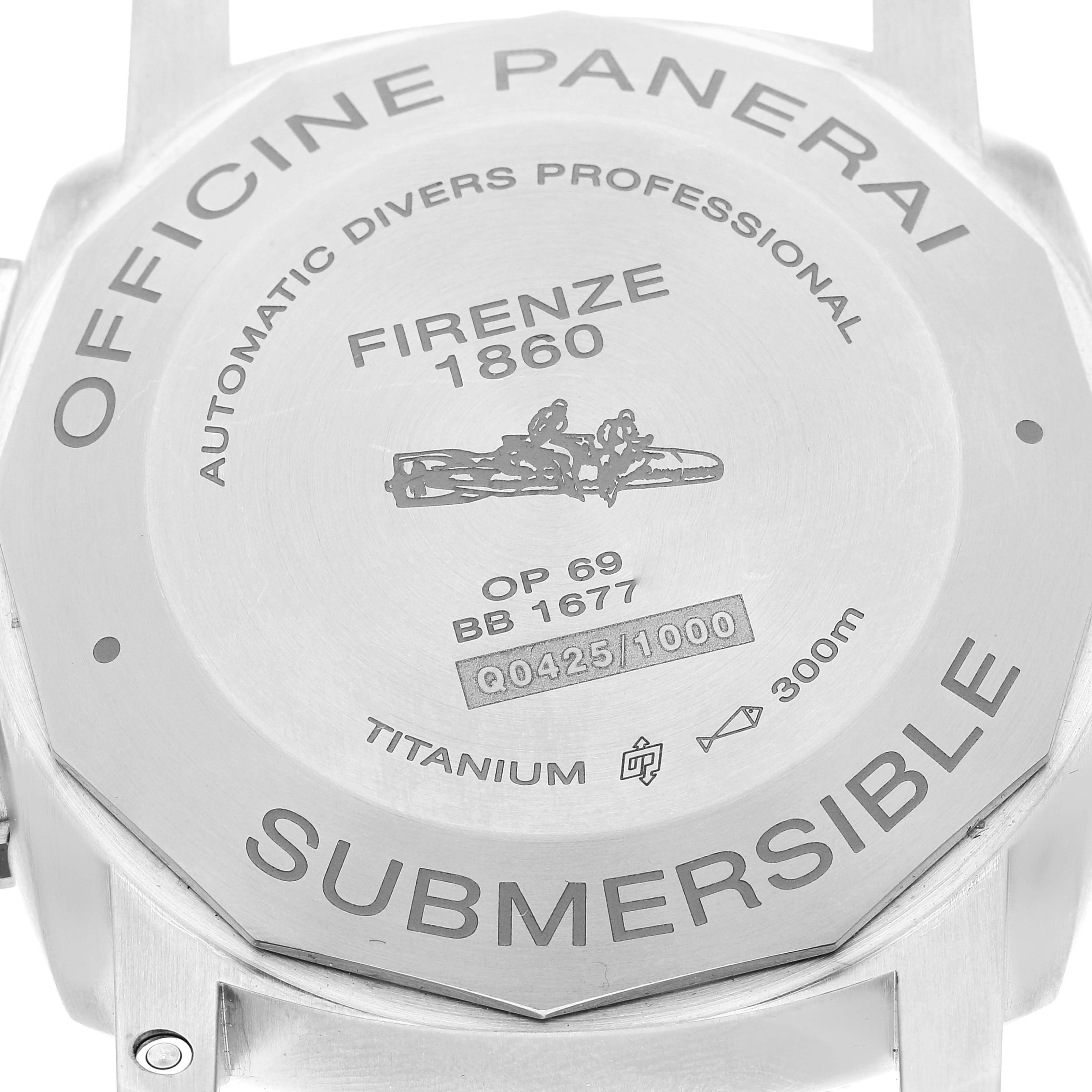 The image shows the back case of the Panerai Submersible PAM00569 Men's Titanium Black Dial PAM00569 Men's Titanium Black Dial watch, highlighting engravings and specifications.