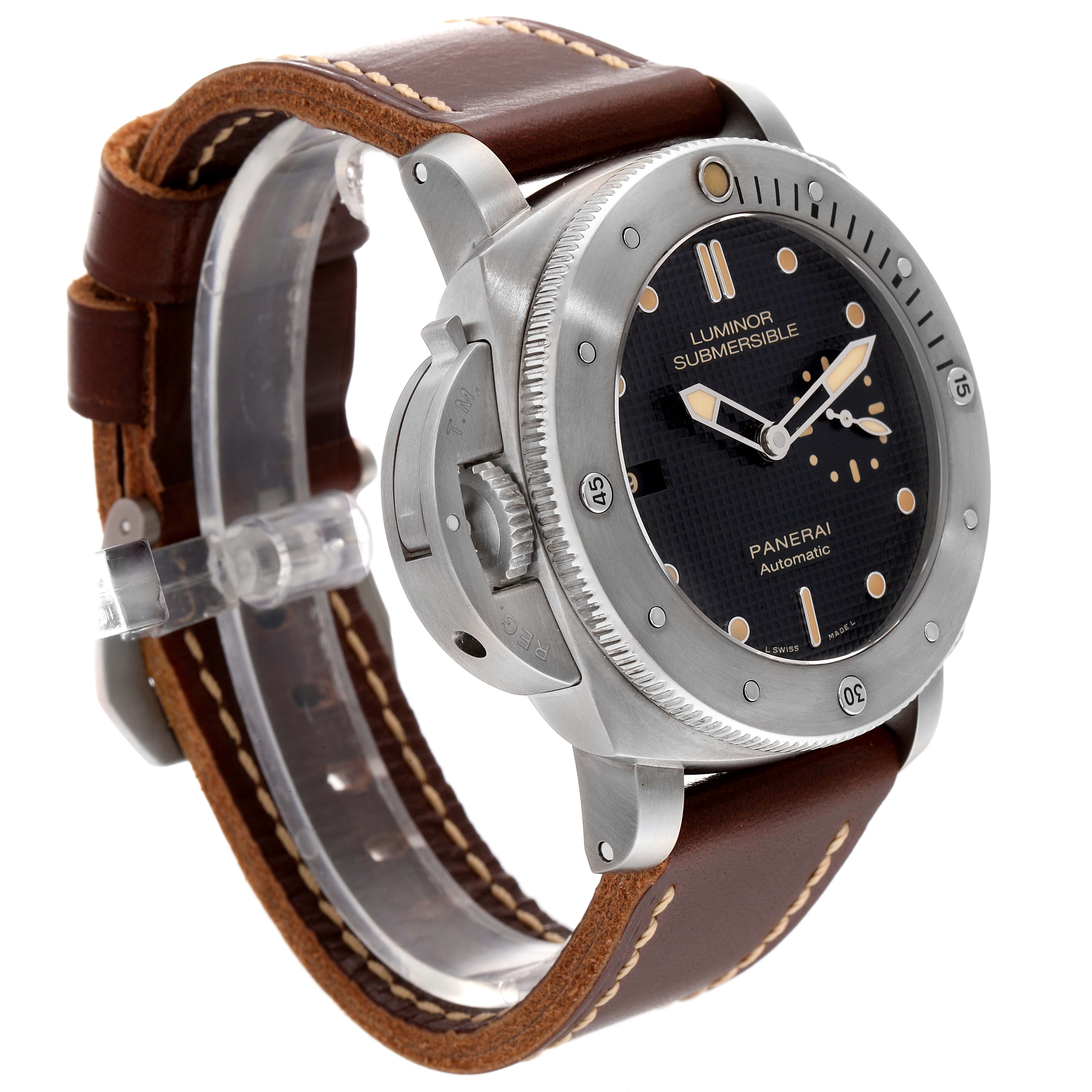 This Panerai Luminor Submersible watch is shown at a three-quarter angle, highlighting the face, bezel, case, and leather strap.
