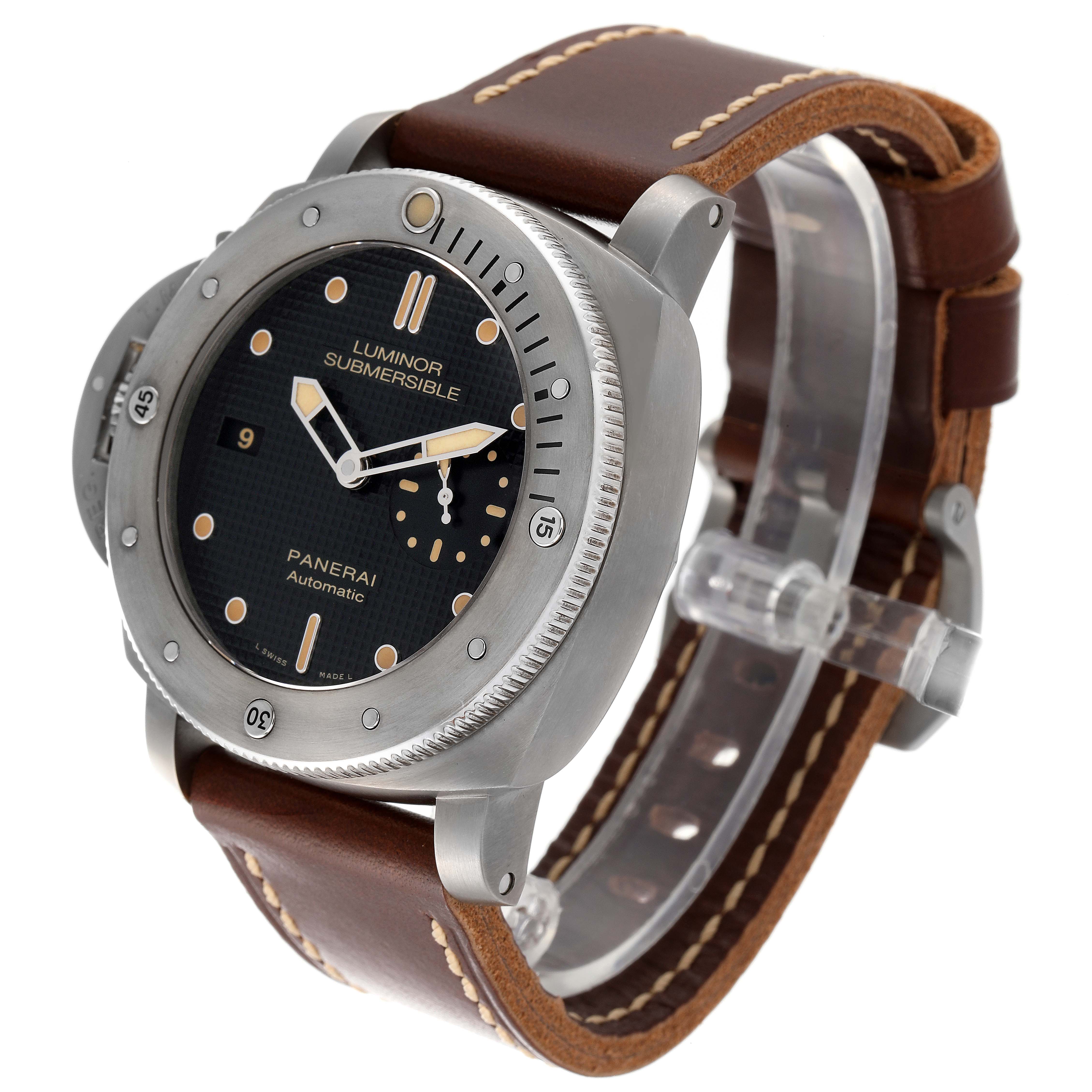 The image shows a Panerai Submersible PAM00569 Men's Titanium Black Dial PAM00569 Men's Titanium Black Dial watch at an angle highlighting the face, bezel, crown, and brown leather strap.