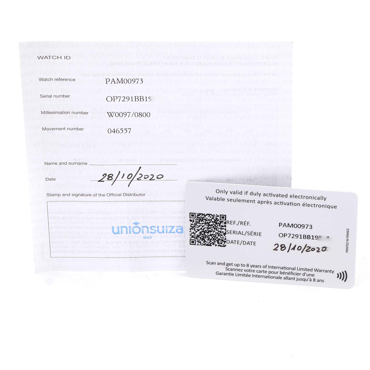 This image shows the warranty card and documentation for a Panerai Submersible PAM00973 Men
s Stainless Steel Black Dial PAM00973 Men
s Stainless Steel Black Dial model watch.