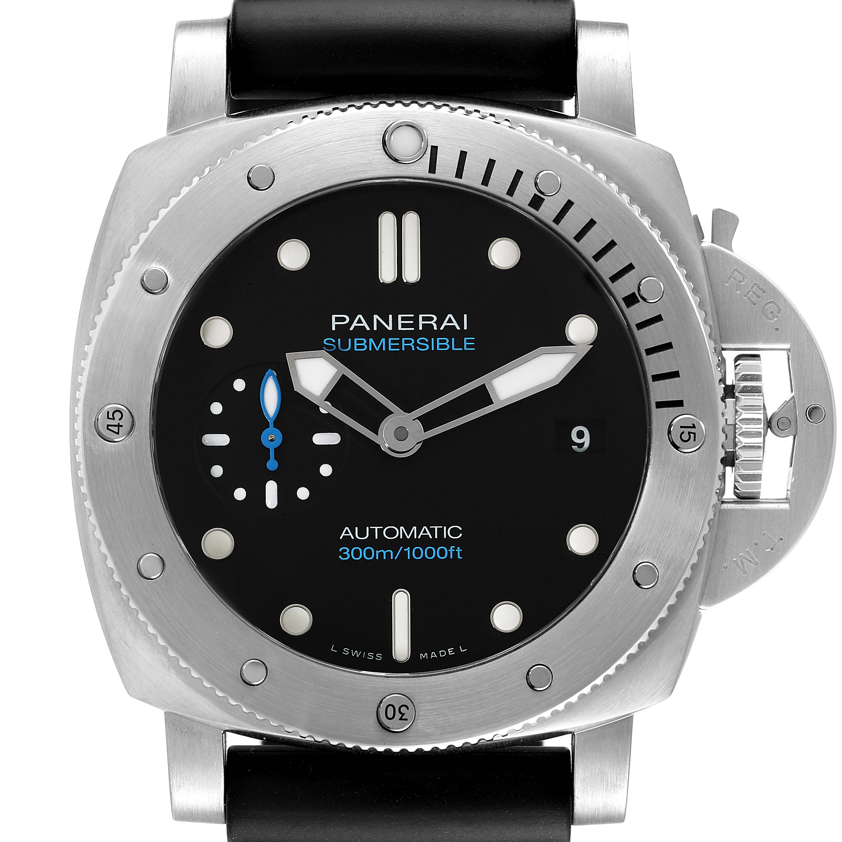 The image shows a front view of the Panerai Submersible PAM00973 Men
s Stainless Steel Black Dial PAM00973 Men
s Stainless Steel Black Dial watch, displaying the dial, bezel, and crown guard.