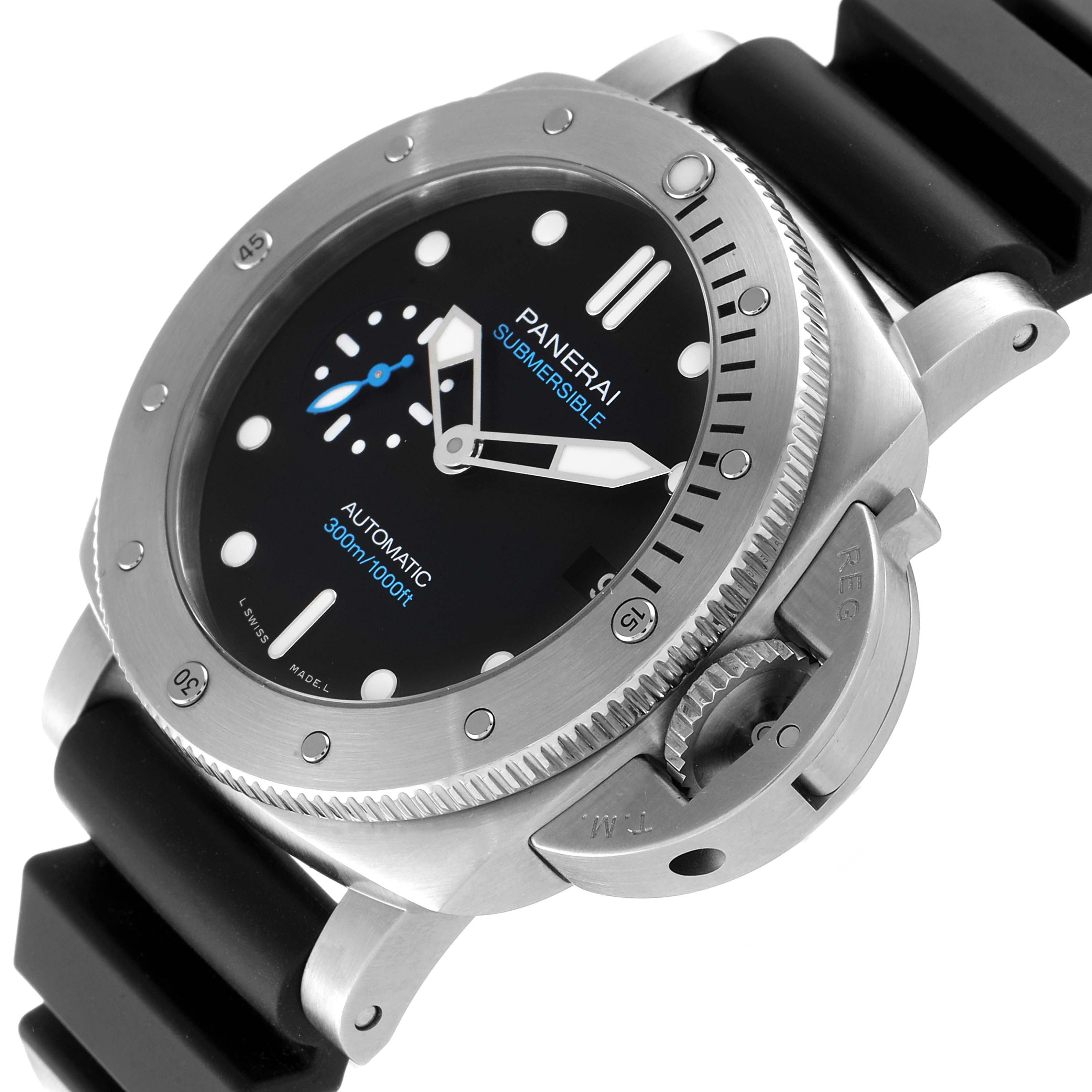The image shows a close-up angled view of the Panerai Submersible PAM00973 Men
s Stainless Steel Black Dial PAM00973 Men
s Stainless Steel Black Dial watch, highlighting its dial, bezel, and crown guard.