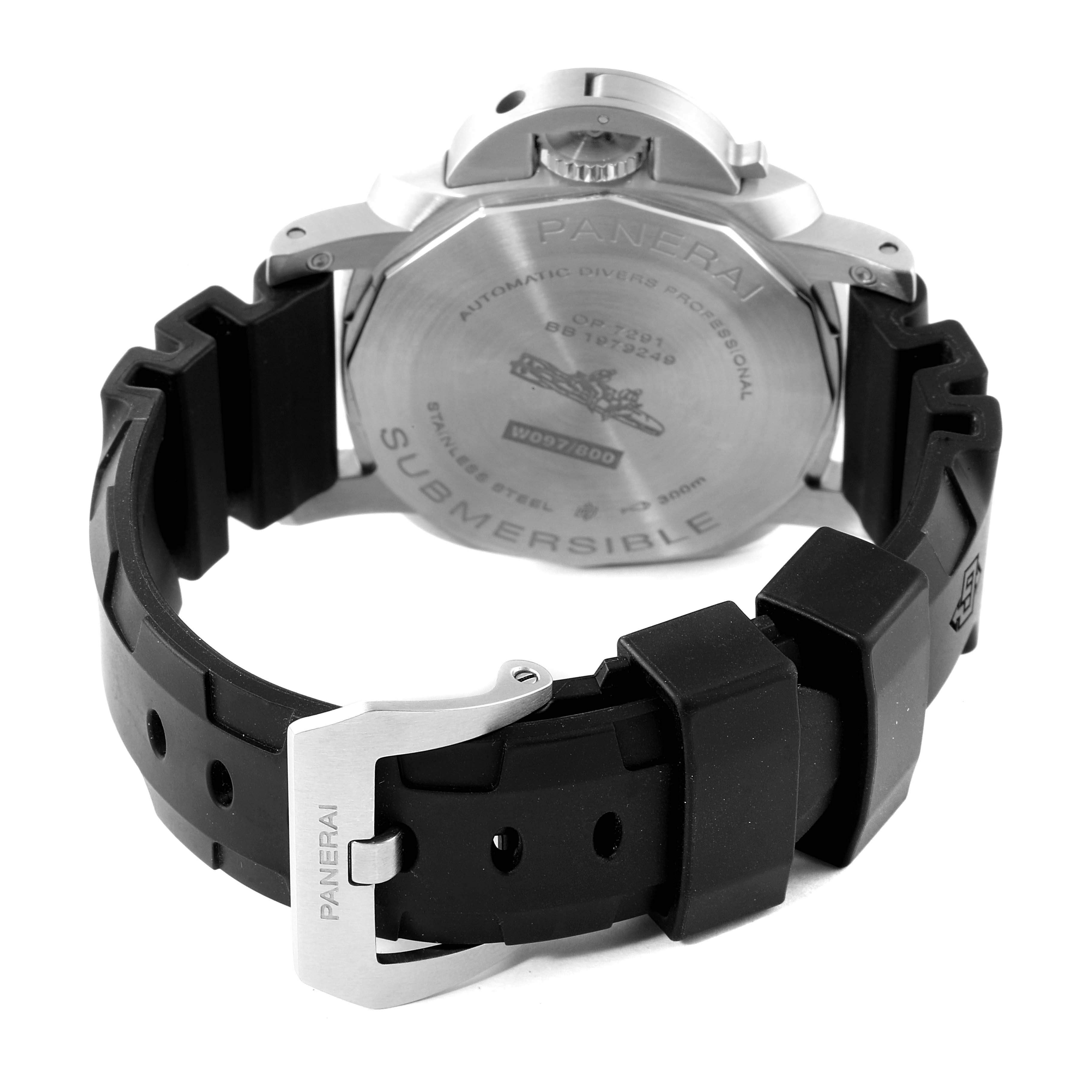 The image shows the back case and rubber strap of the Panerai Submersible PAM00973 Men
s Stainless Steel Black Dial PAM00973 Men
s Stainless Steel Black Dial watch.