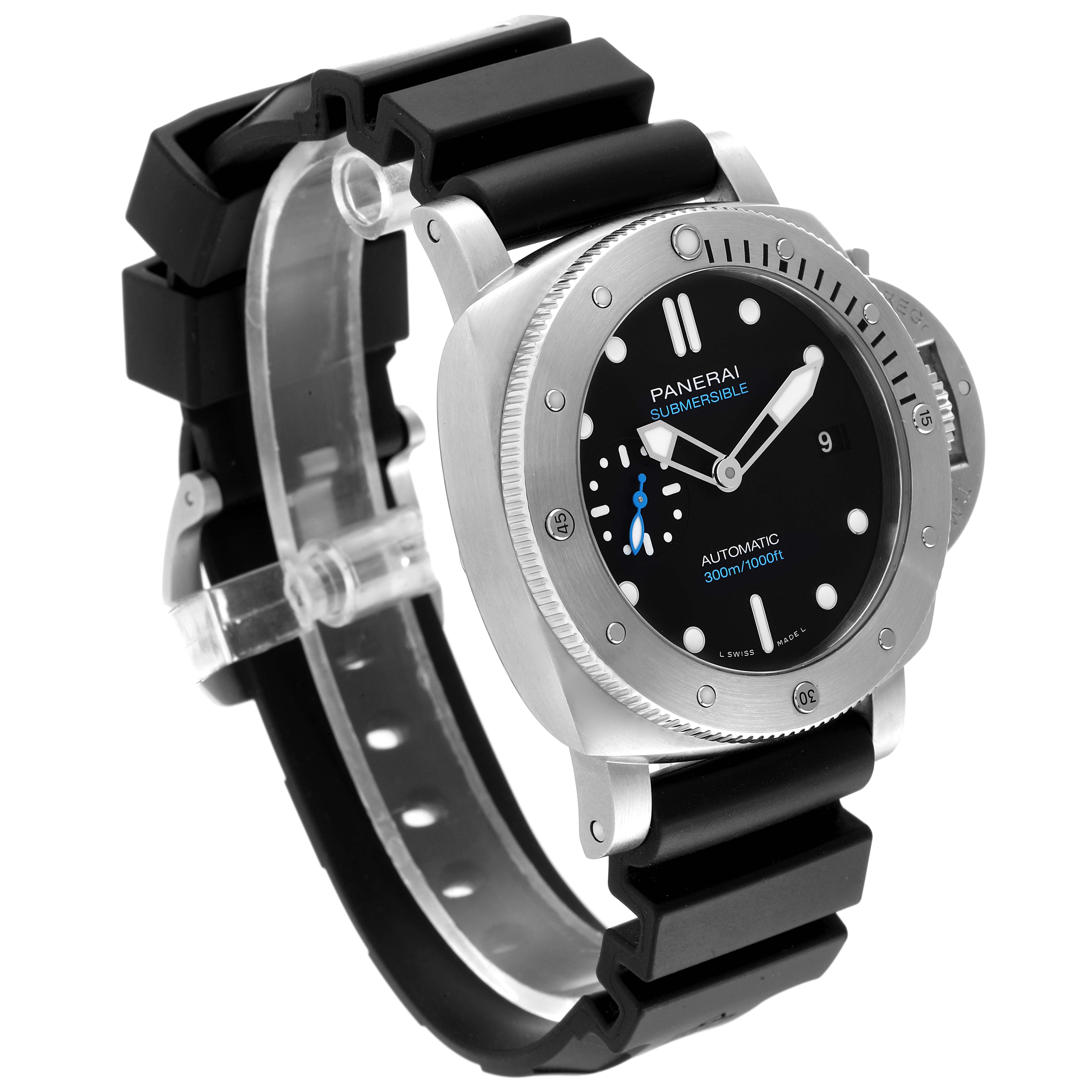 The image shows a Panerai Submersible PAM00973 Men
s Stainless Steel Black Dial PAM00973 Men
s Stainless Steel Black Dial watch from an angled side view, highlighting the face, bezel, and rubber strap.